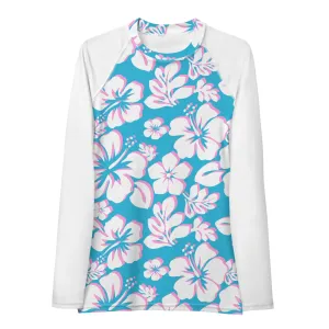 Aqua Blue, White and Pink Hawaiian Print Women's Rash Guard with White Sleeves