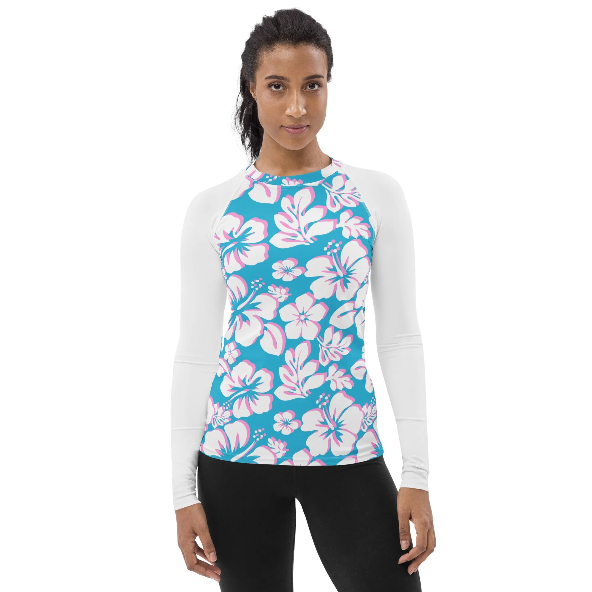 Aqua Blue, White and Pink Hawaiian Print Women's Rash Guard with White Sleeves