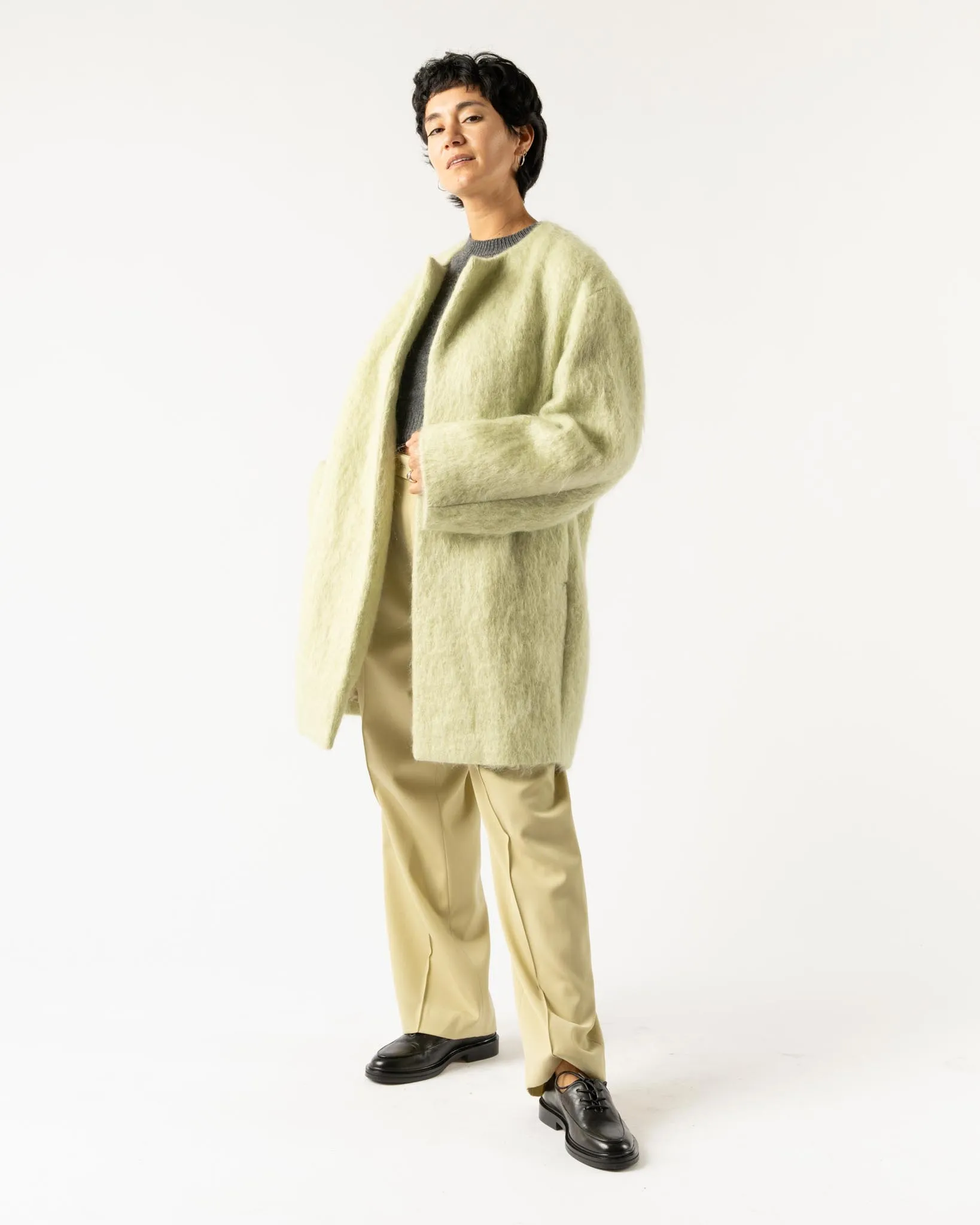 Auralee Brushed Mohair Shaggy Coat in Khaki