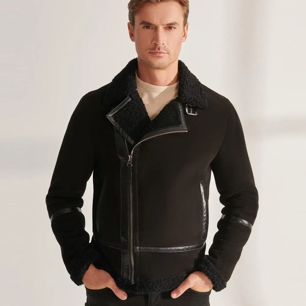 Black Sheepskin Shearling Aviator Leather Jacket for Men