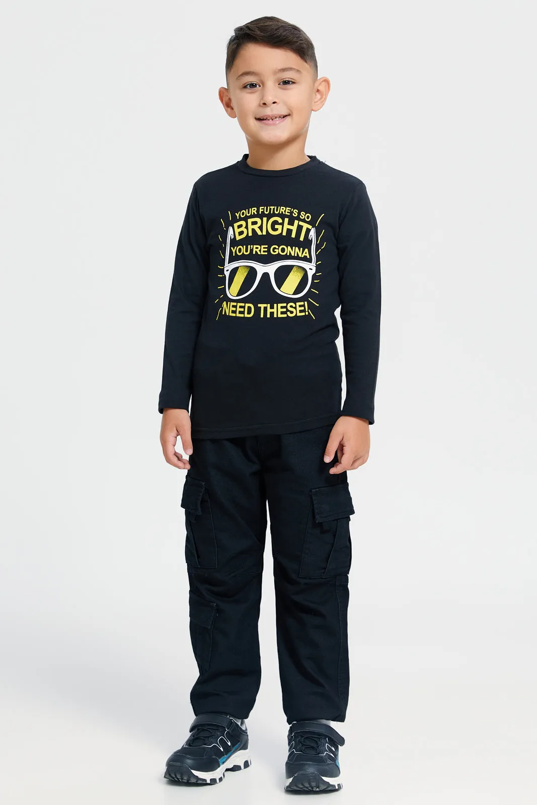 Boys Black Printed Long Sleeves T-Shirt