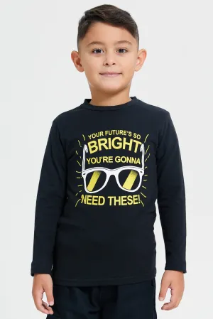 Boys Black Printed Long Sleeves T-Shirt