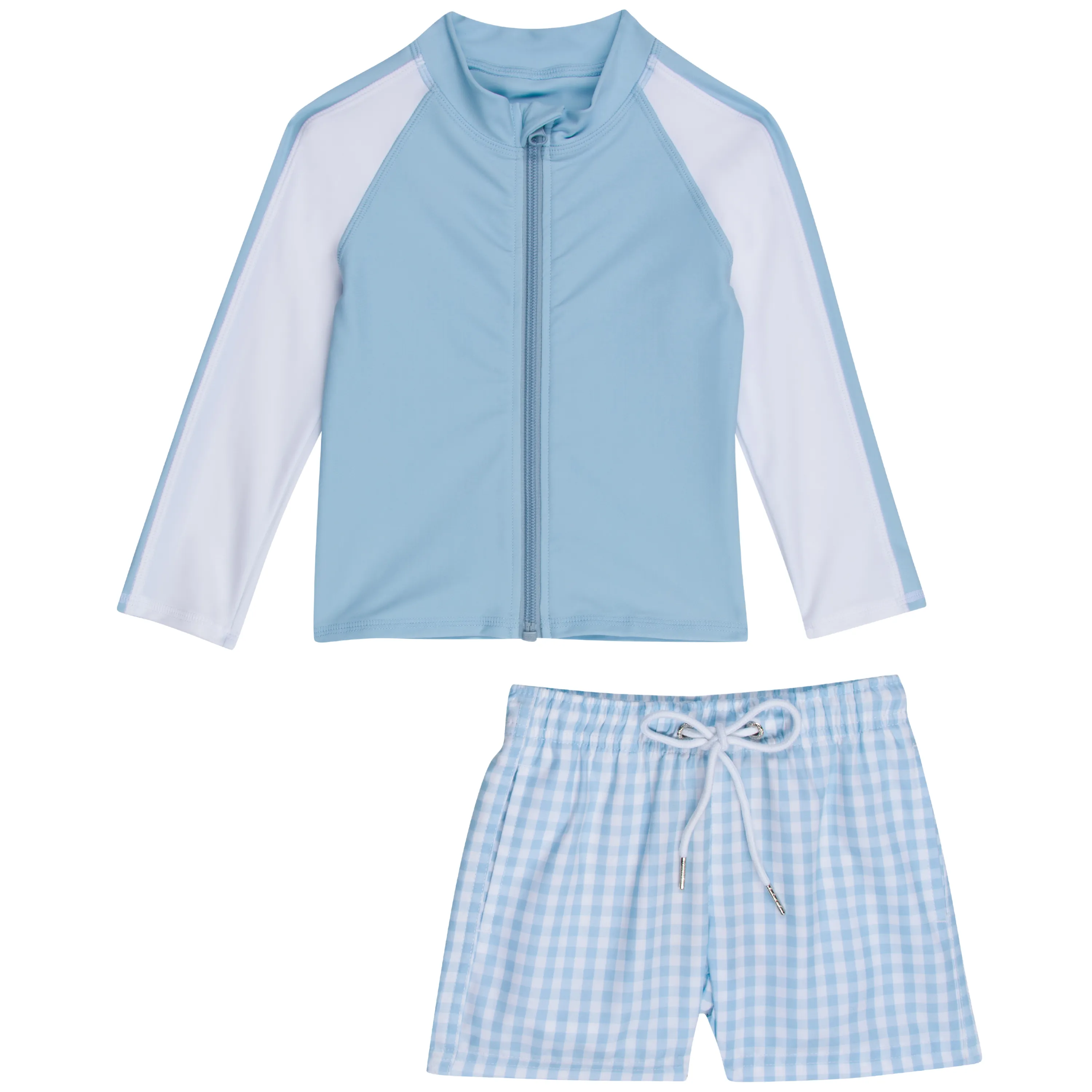 Boys Long Sleeve Zipper Rash Guard and Swim Trunk Set | "Blue Gingham"