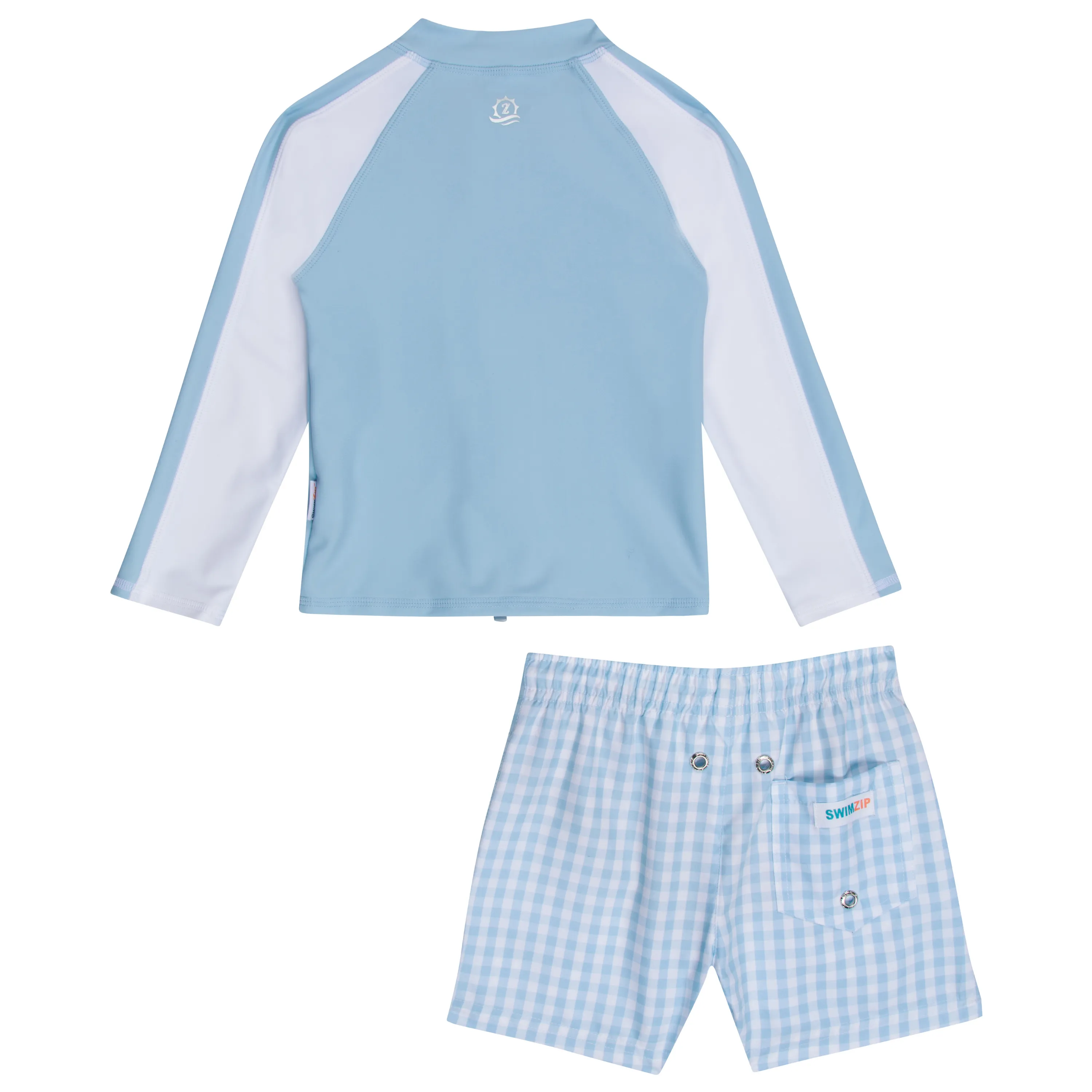 Boys Long Sleeve Zipper Rash Guard and Swim Trunk Set | "Blue Gingham"