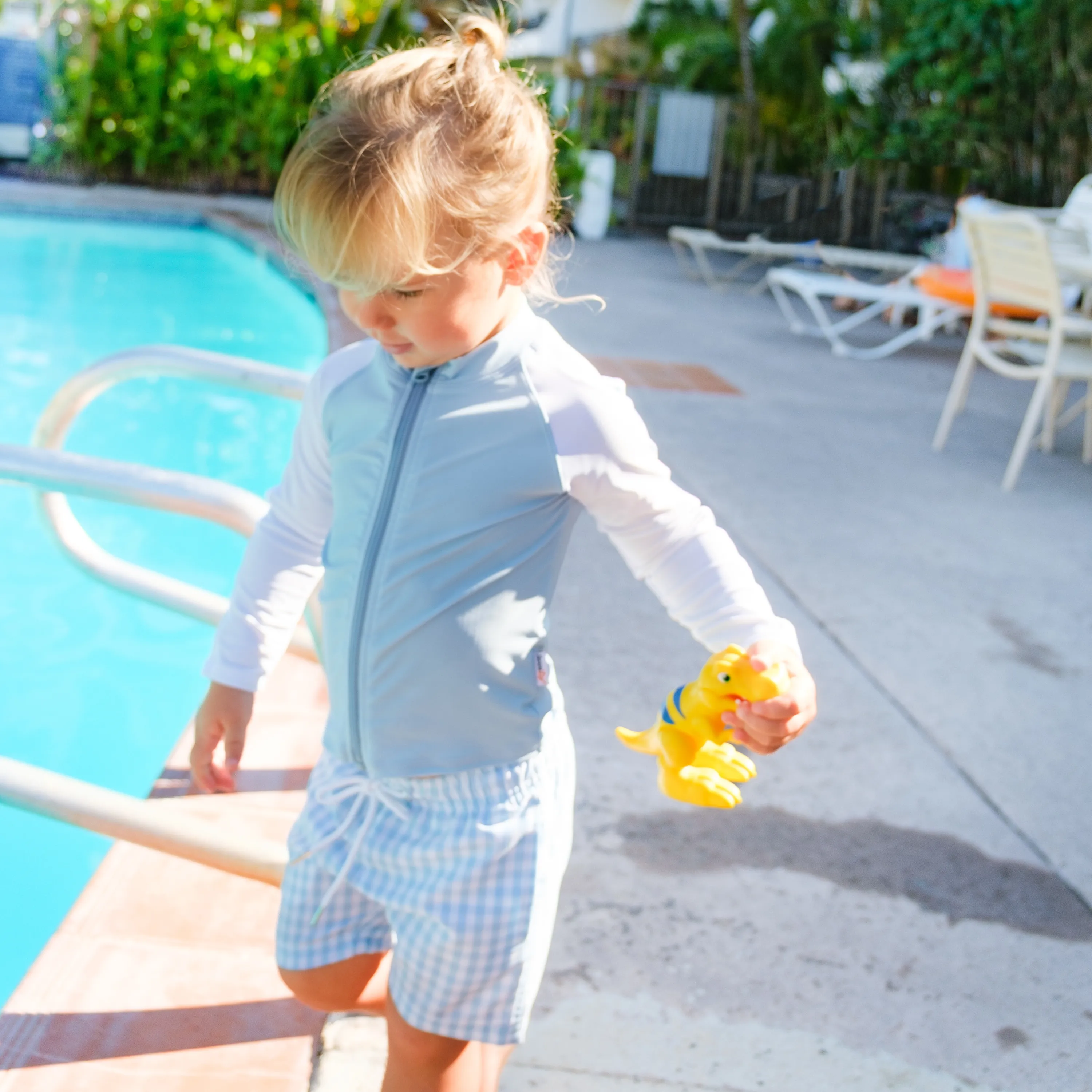 Boys Long Sleeve Zipper Rash Guard and Swim Trunk Set | "Blue Gingham"