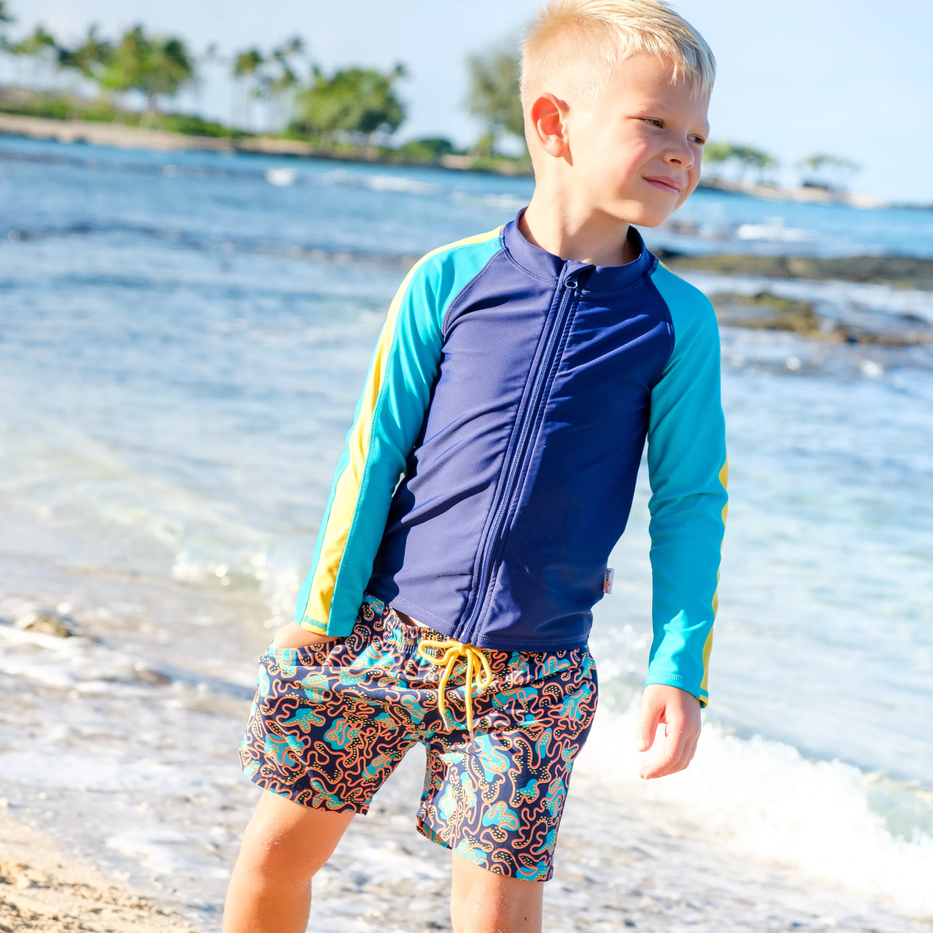 Boys Long Sleeve Zipper Rash Guard and Swim Trunk Set | "Deep Dive"