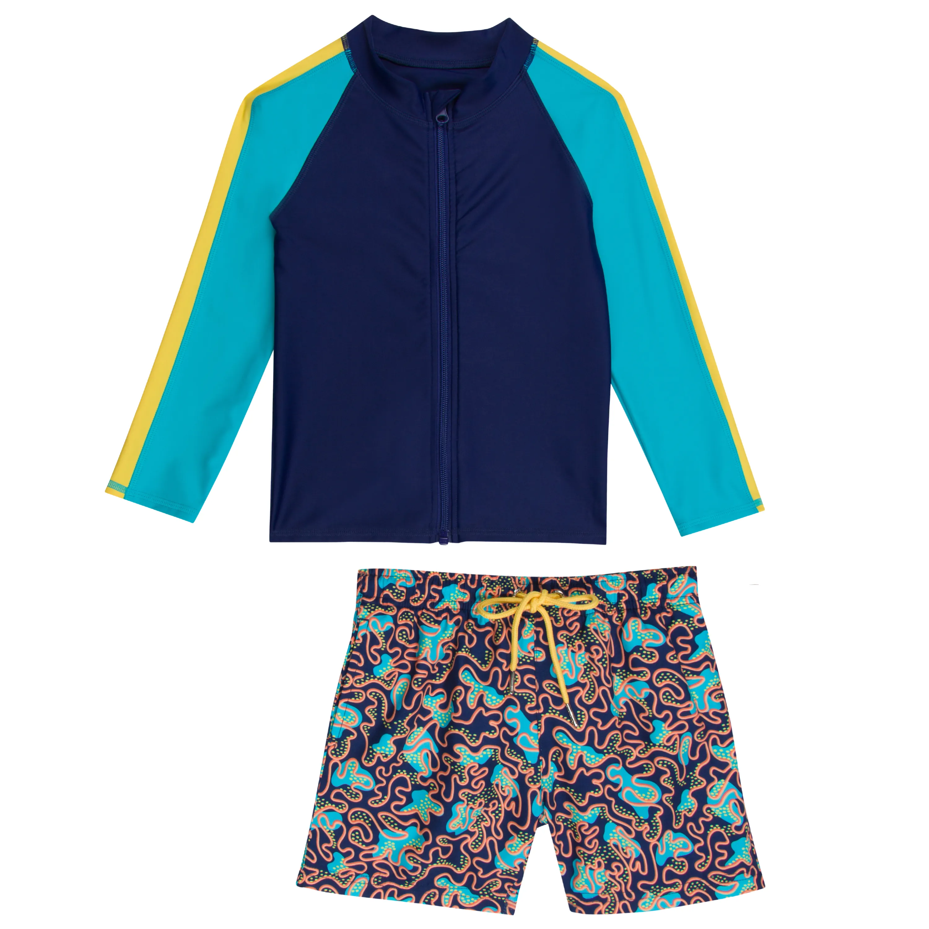 Boys Long Sleeve Zipper Rash Guard and Swim Trunk Set | "Deep Dive"