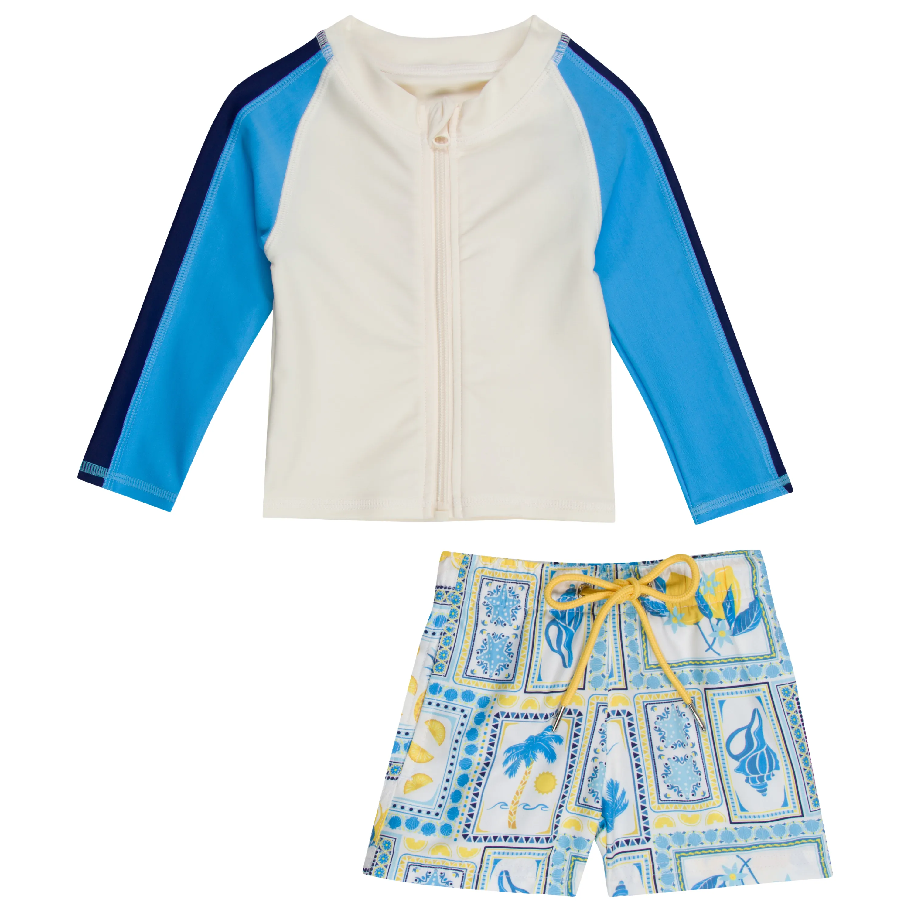 Boys Long Sleeve Zipper Rash Guard and Swim Trunk Set | "Mediterranean Lemons"