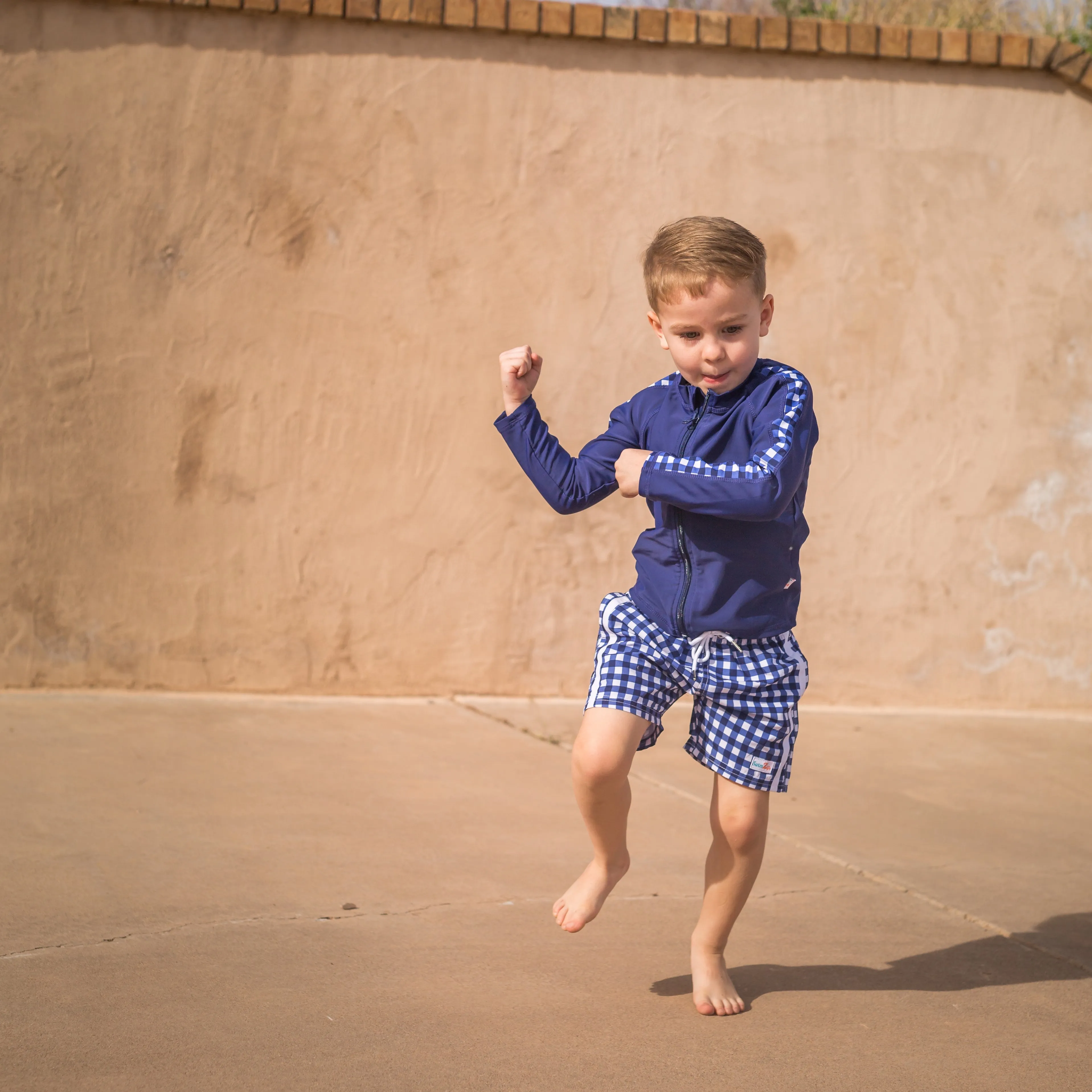 Boys Long Sleeve Zipper Rash Guard and Swim Trunk Set | "Navy Gingham"