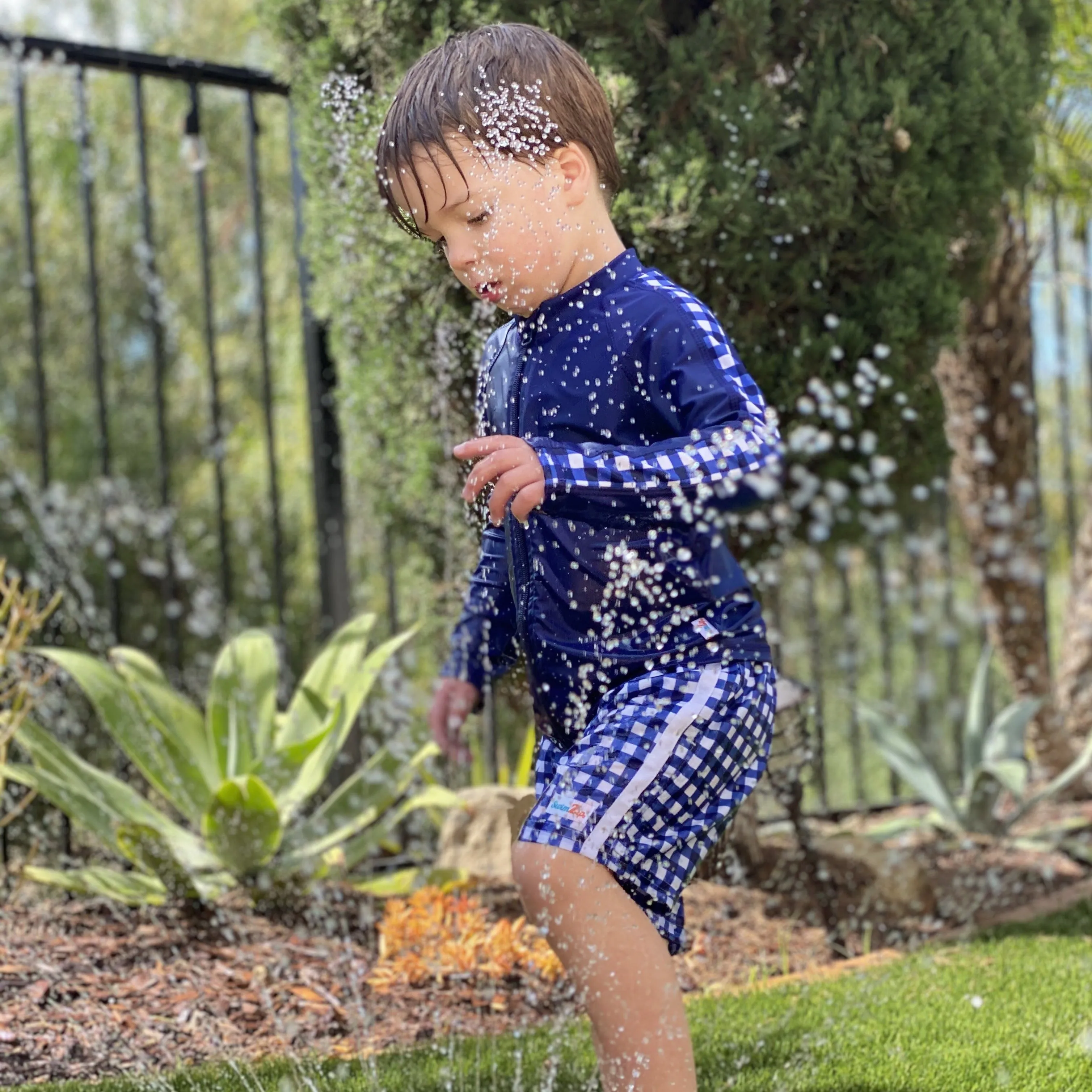 Boys Long Sleeve Zipper Rash Guard and Swim Trunk Set | "Navy Gingham"