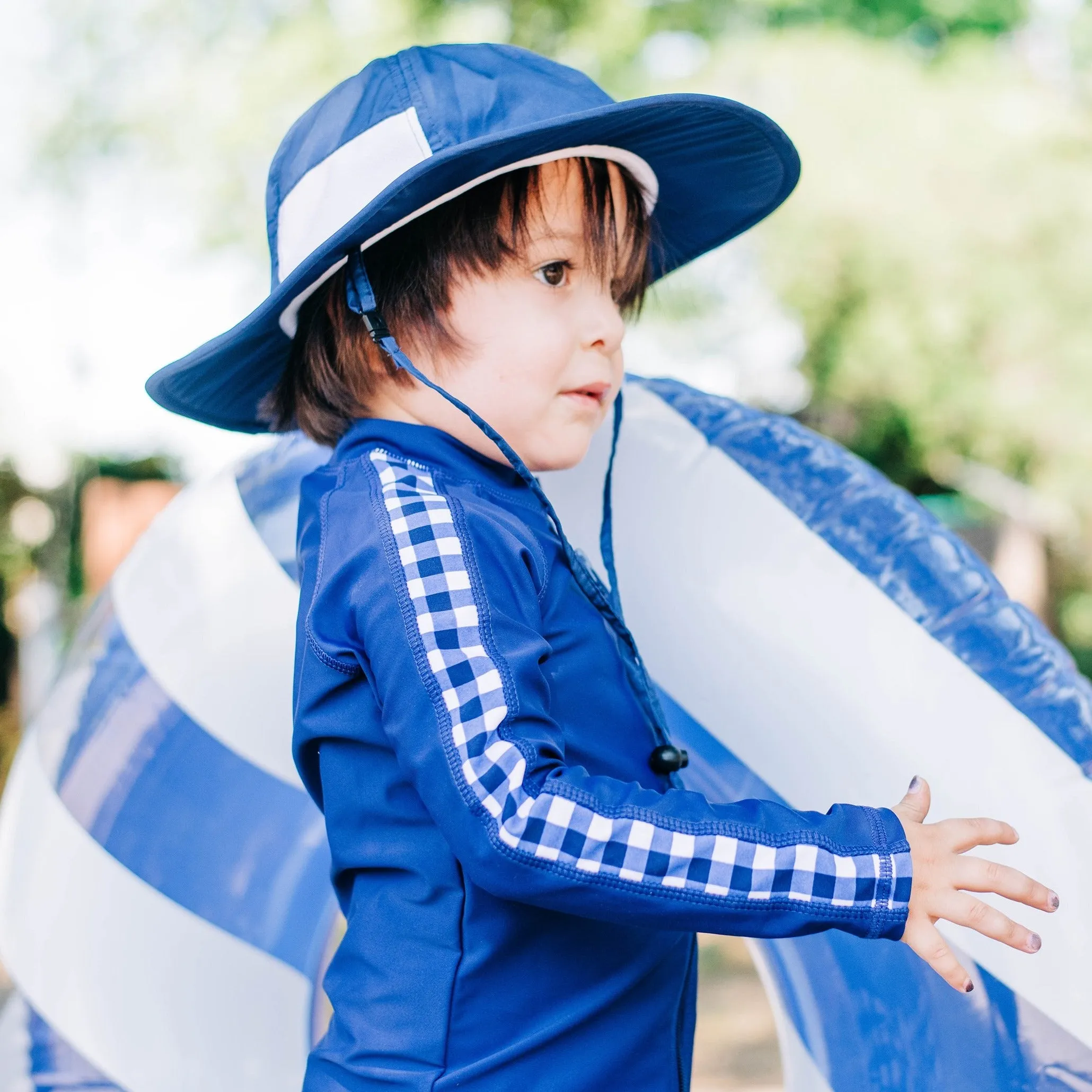 Boys Long Sleeve Zipper Rash Guard and Swim Trunk Set | "Navy Gingham"