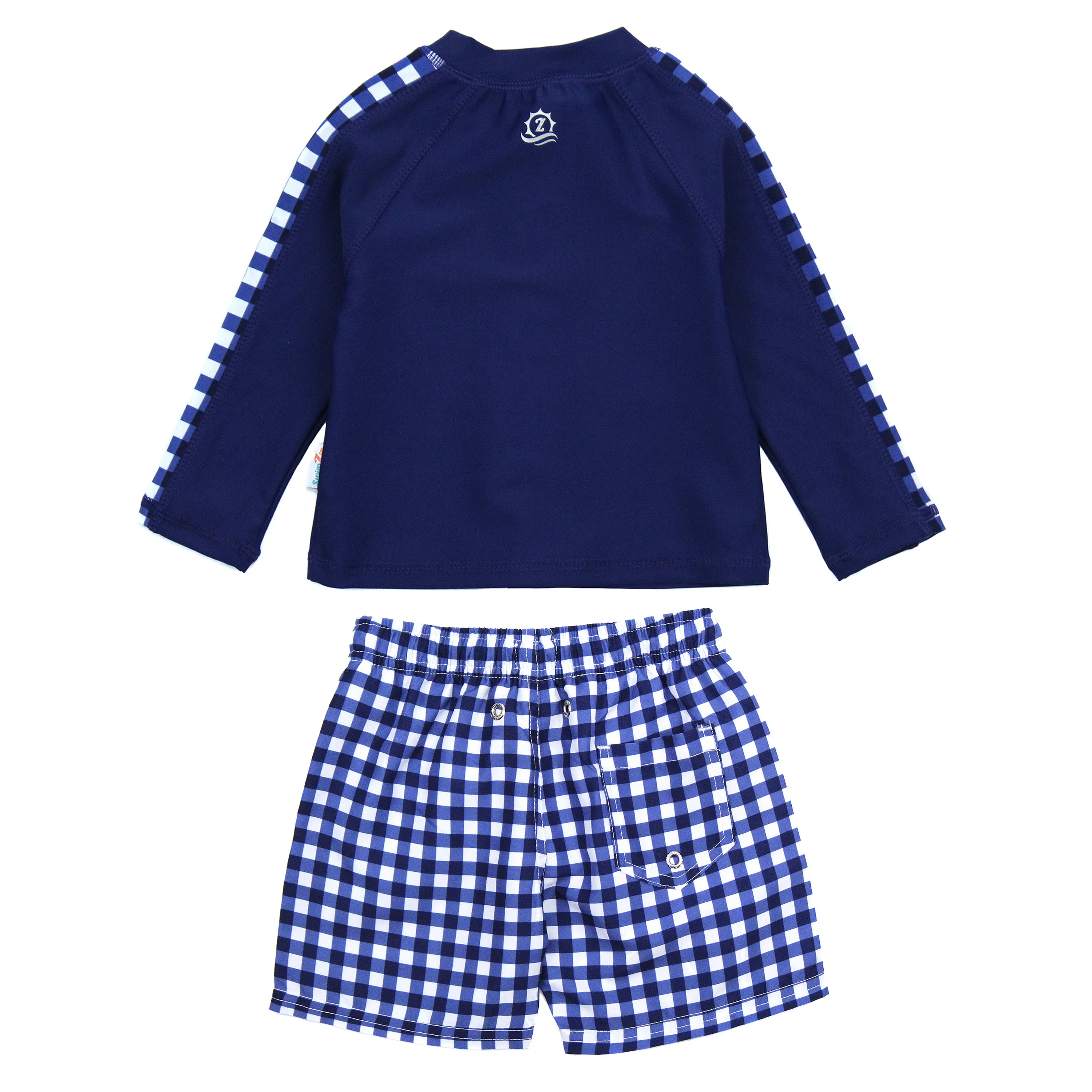 Boys Long Sleeve Zipper Rash Guard and Swim Trunk Set | "Navy Gingham"