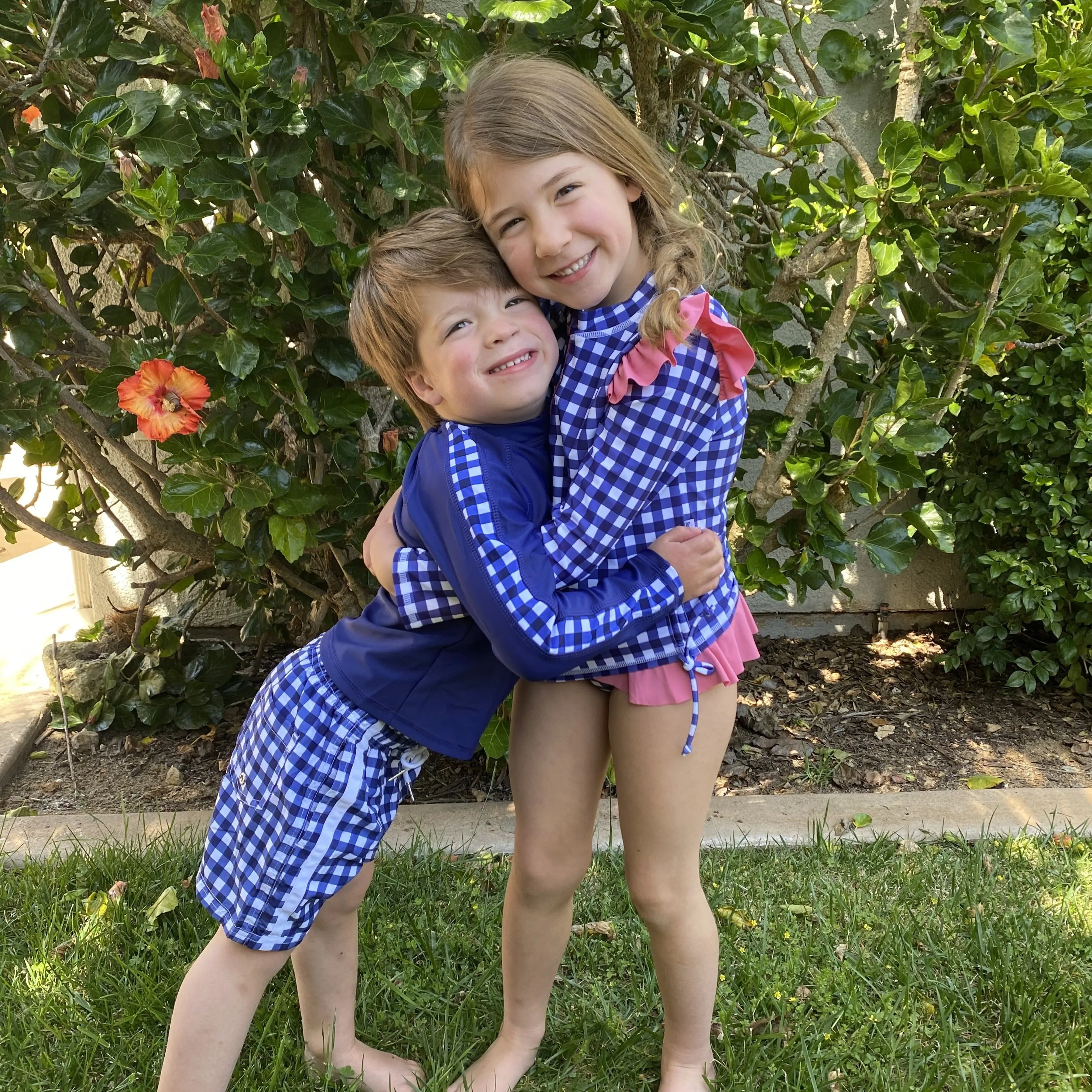 Boys Long Sleeve Zipper Rash Guard and Swim Trunk Set | "Navy Gingham"