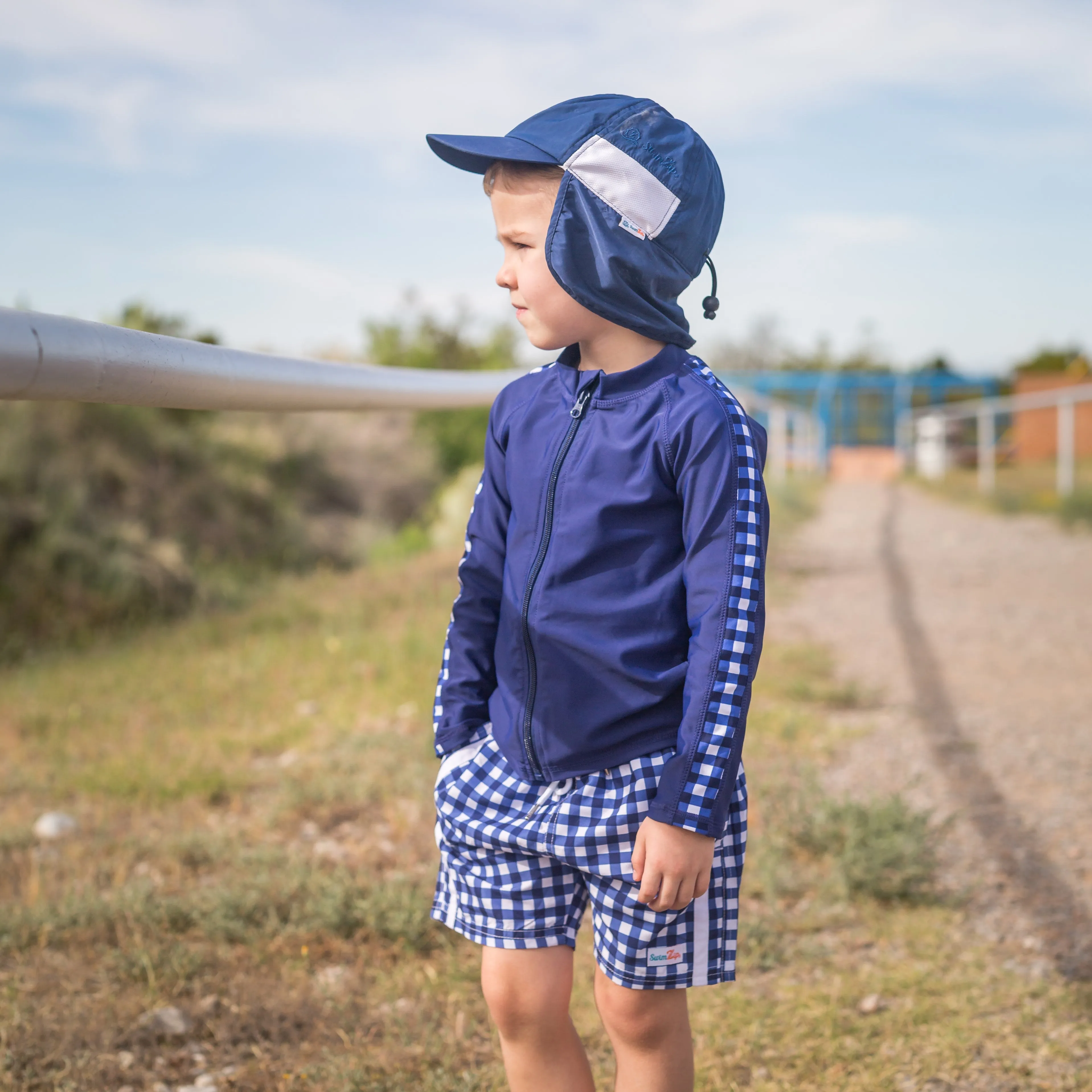 Boys Long Sleeve Zipper Rash Guard and Swim Trunk Set | "Navy Gingham"