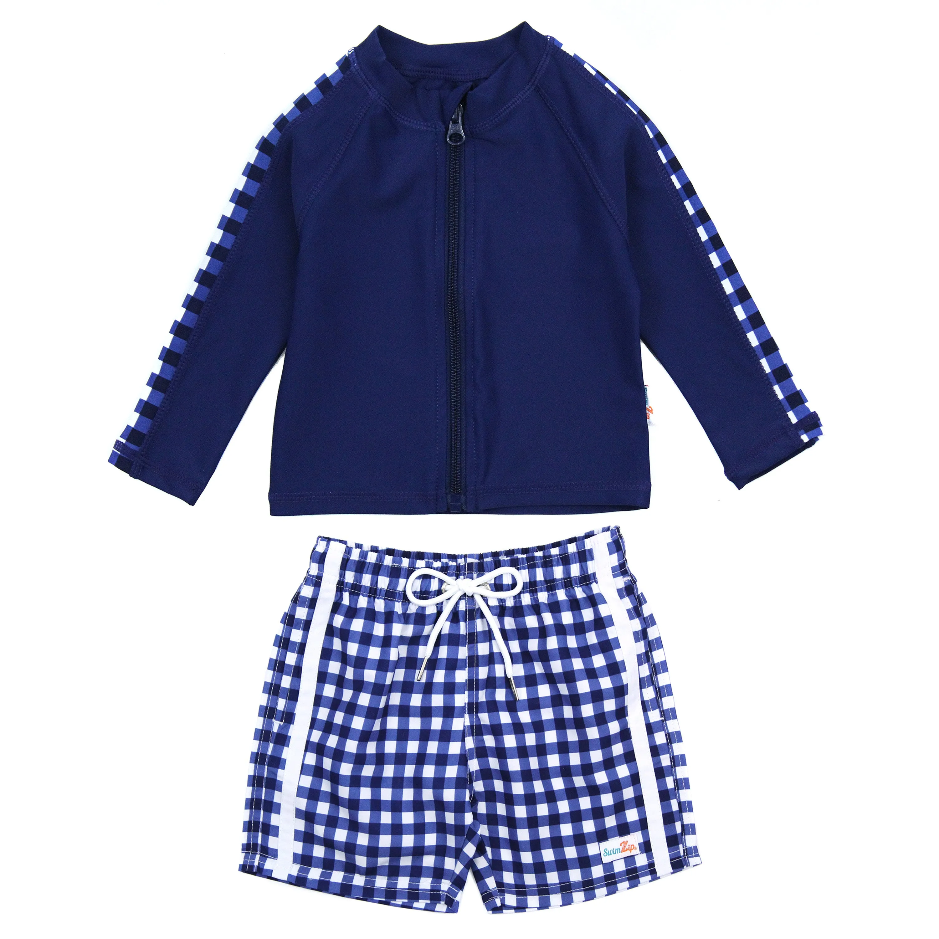 Boys Long Sleeve Zipper Rash Guard and Swim Trunk Set | "Navy Gingham"