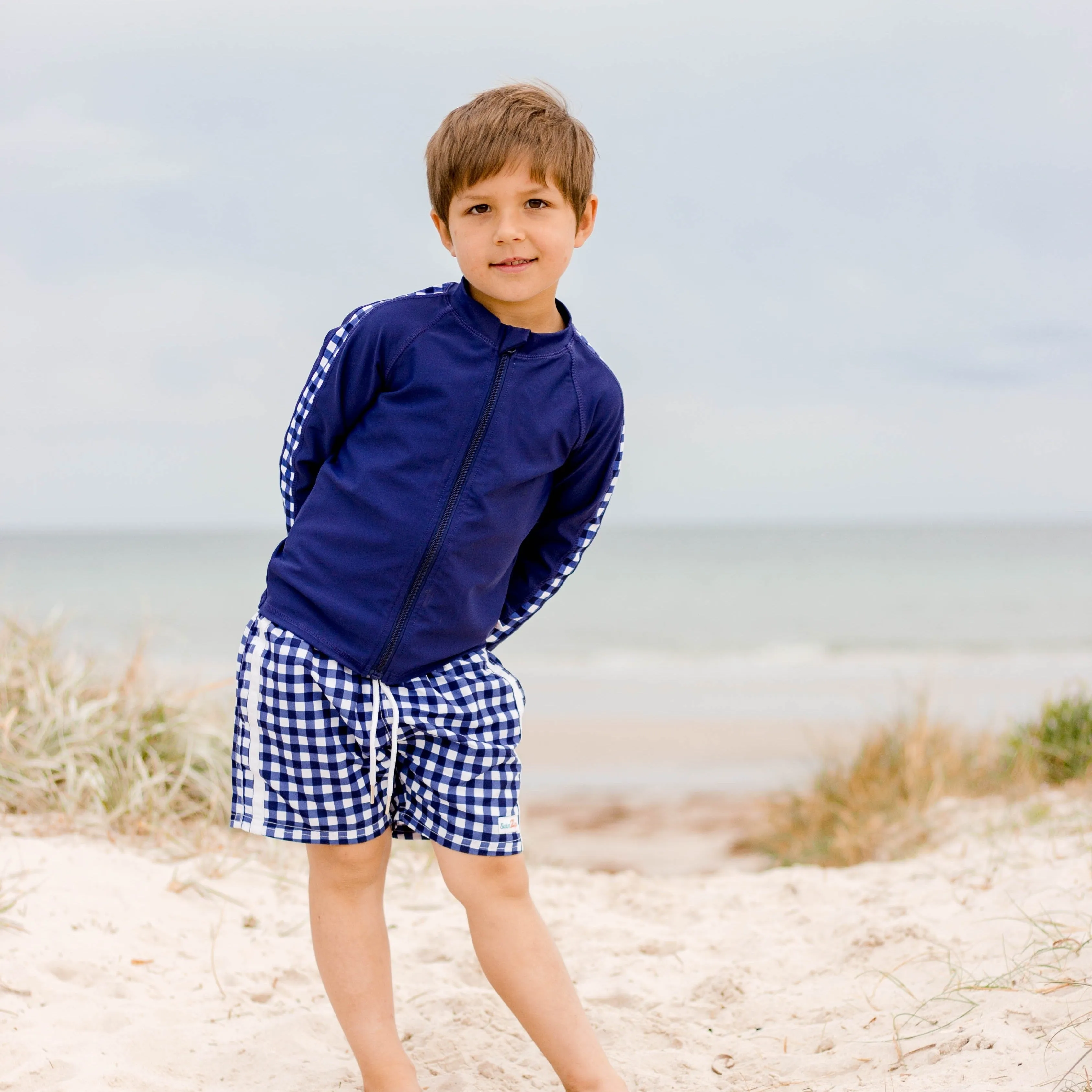 Boys Long Sleeve Zipper Rash Guard and Swim Trunk Set | "Navy Gingham"