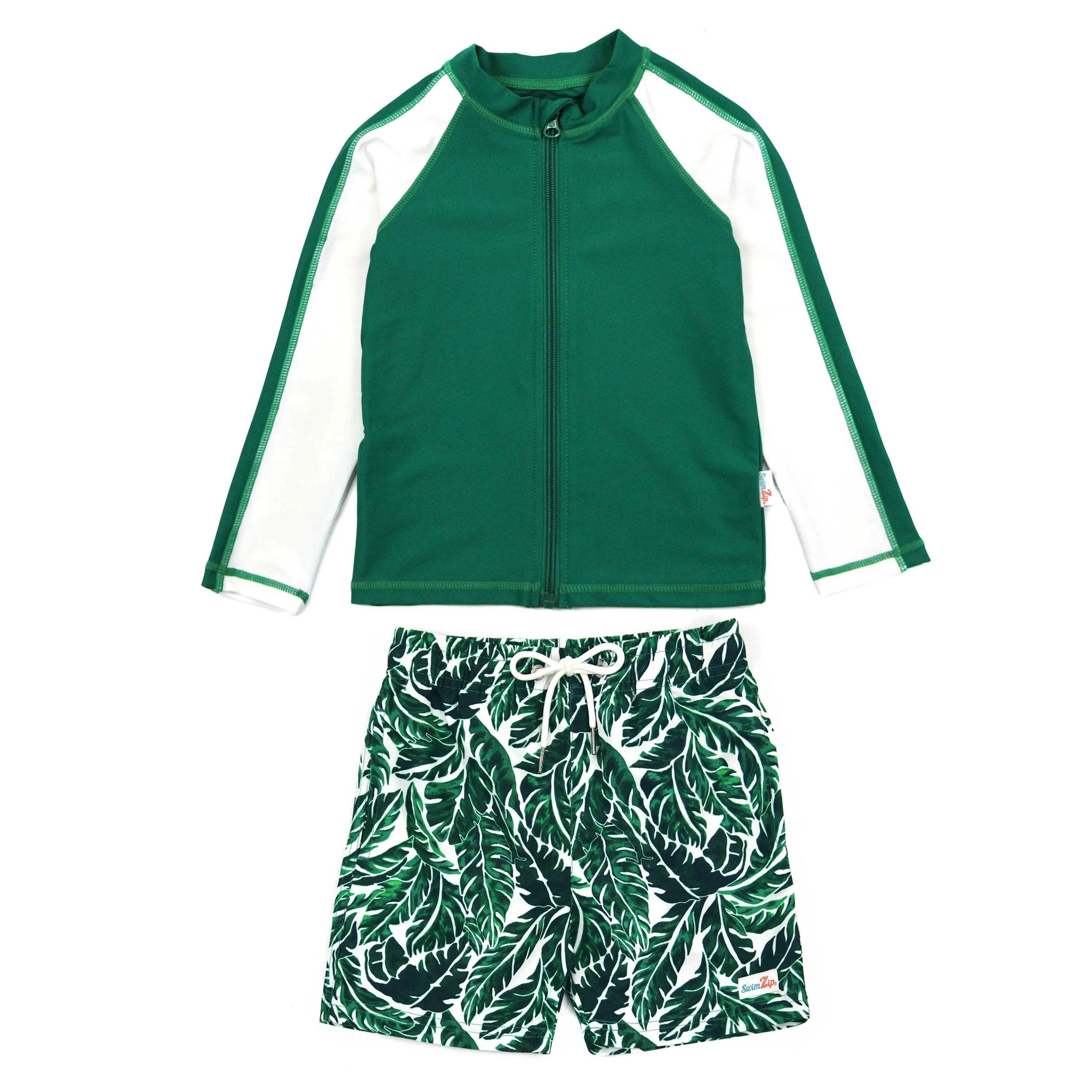 Boys Long Sleeve Zipper Rash Guard and Swim Trunk Set | "Palm Leaf"