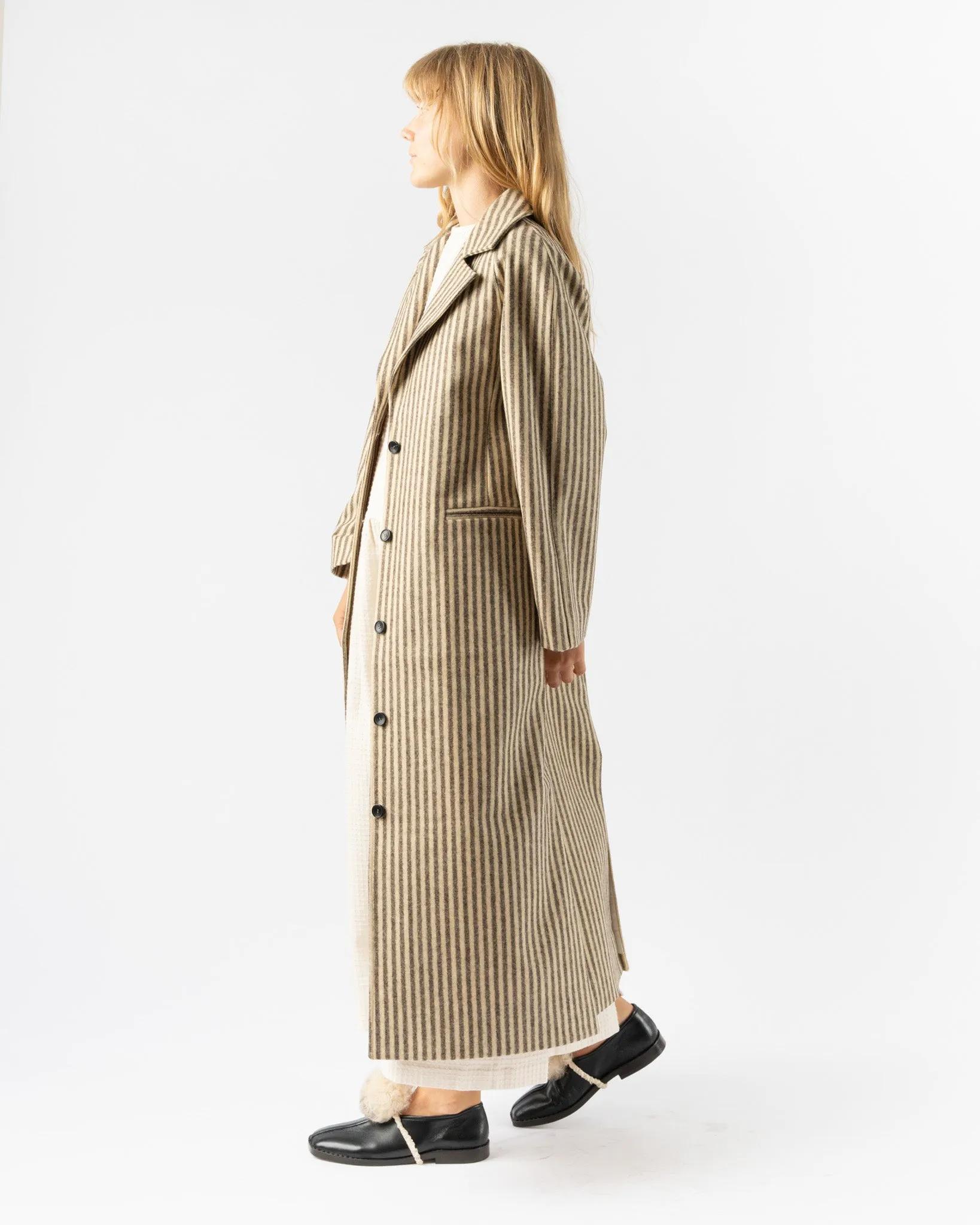 Cawley Portuguese Striped Wool Annie Coat in Ecru and Brown