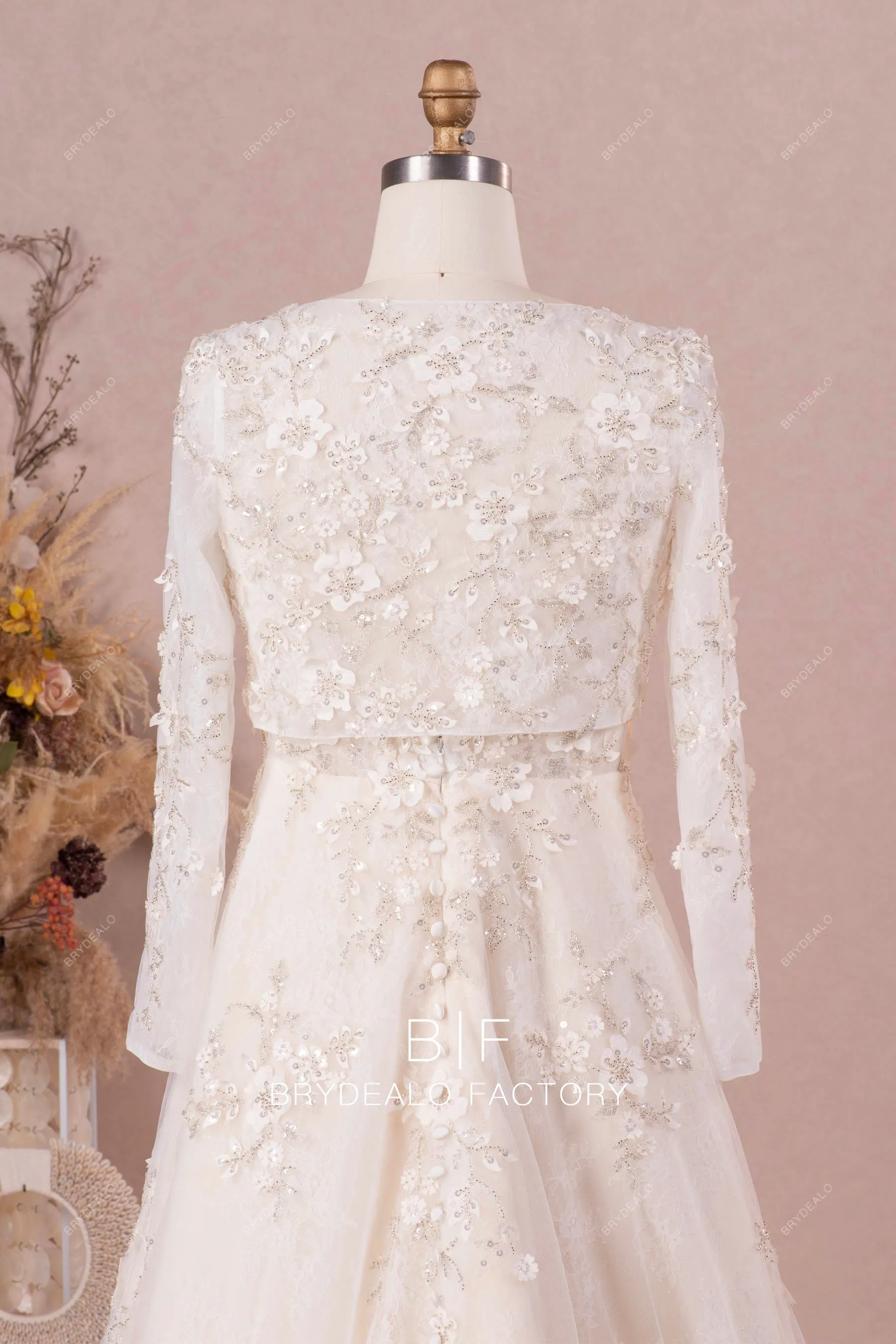 Designer 3D Flower Lace Champagne A-line Wedding Dress with Bolero