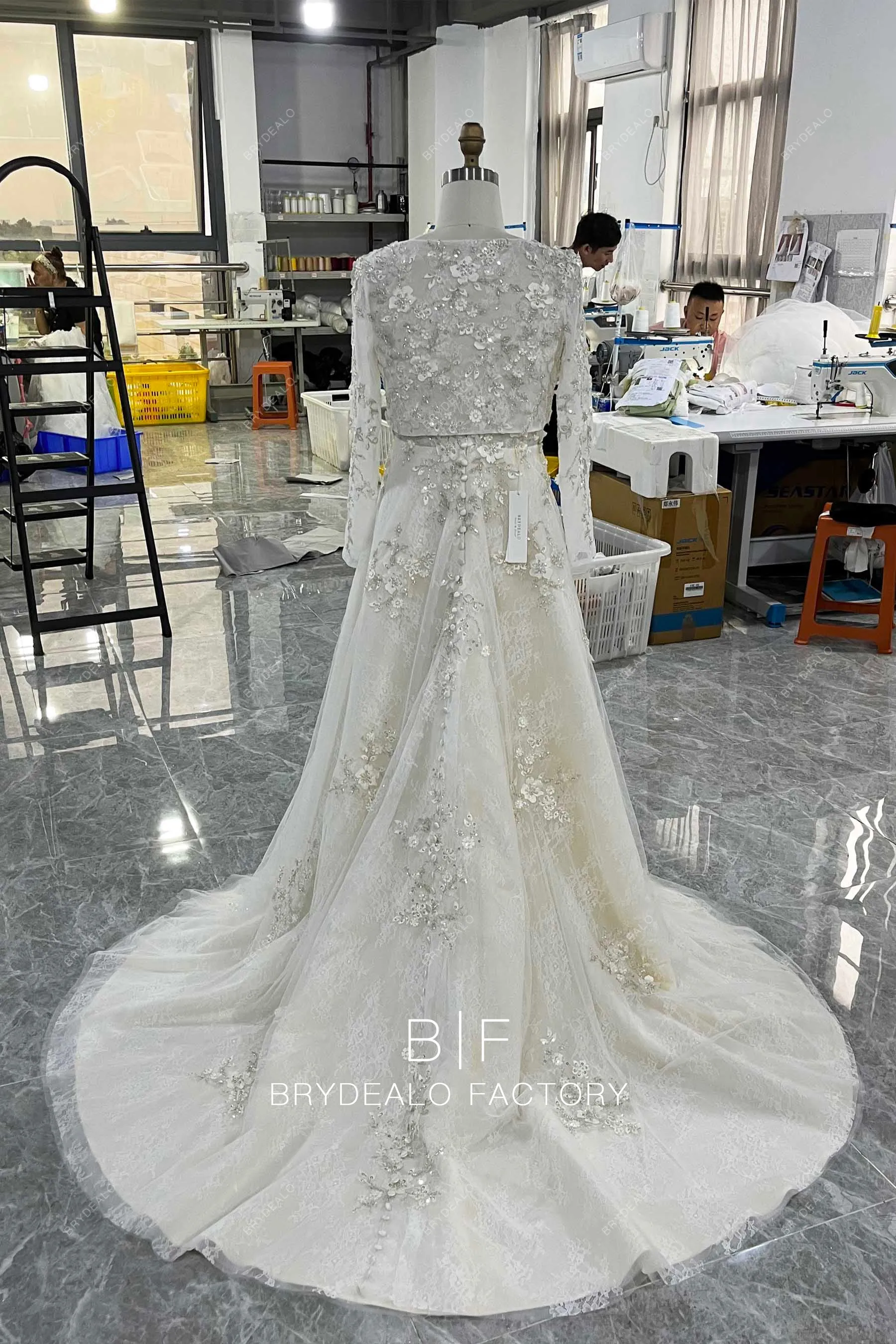 Designer 3D Flower Lace Champagne A-line Wedding Dress with Bolero