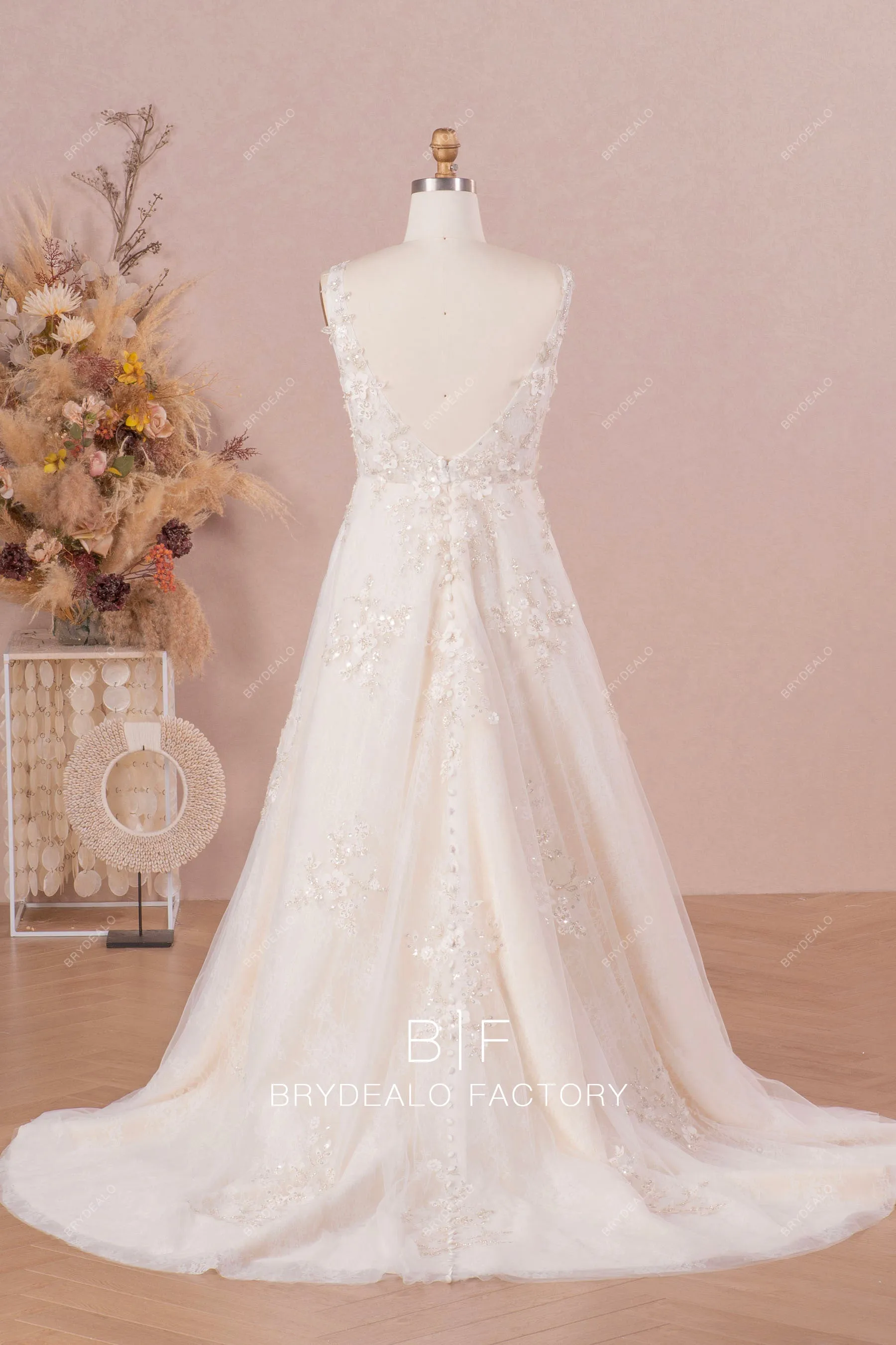 Designer 3D Flower Lace Champagne A-line Wedding Dress with Bolero