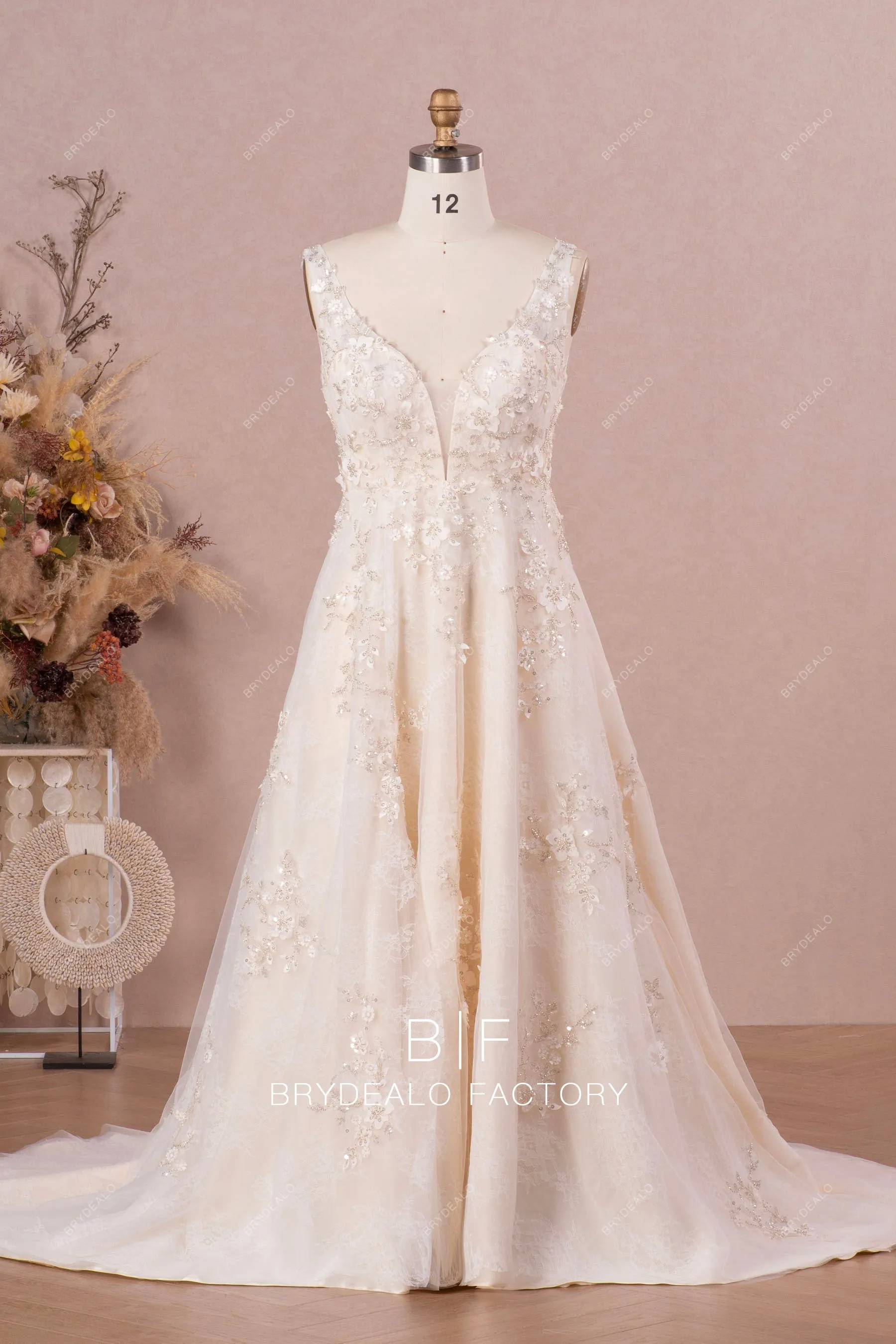 Designer 3D Flower Lace Champagne A-line Wedding Dress with Bolero