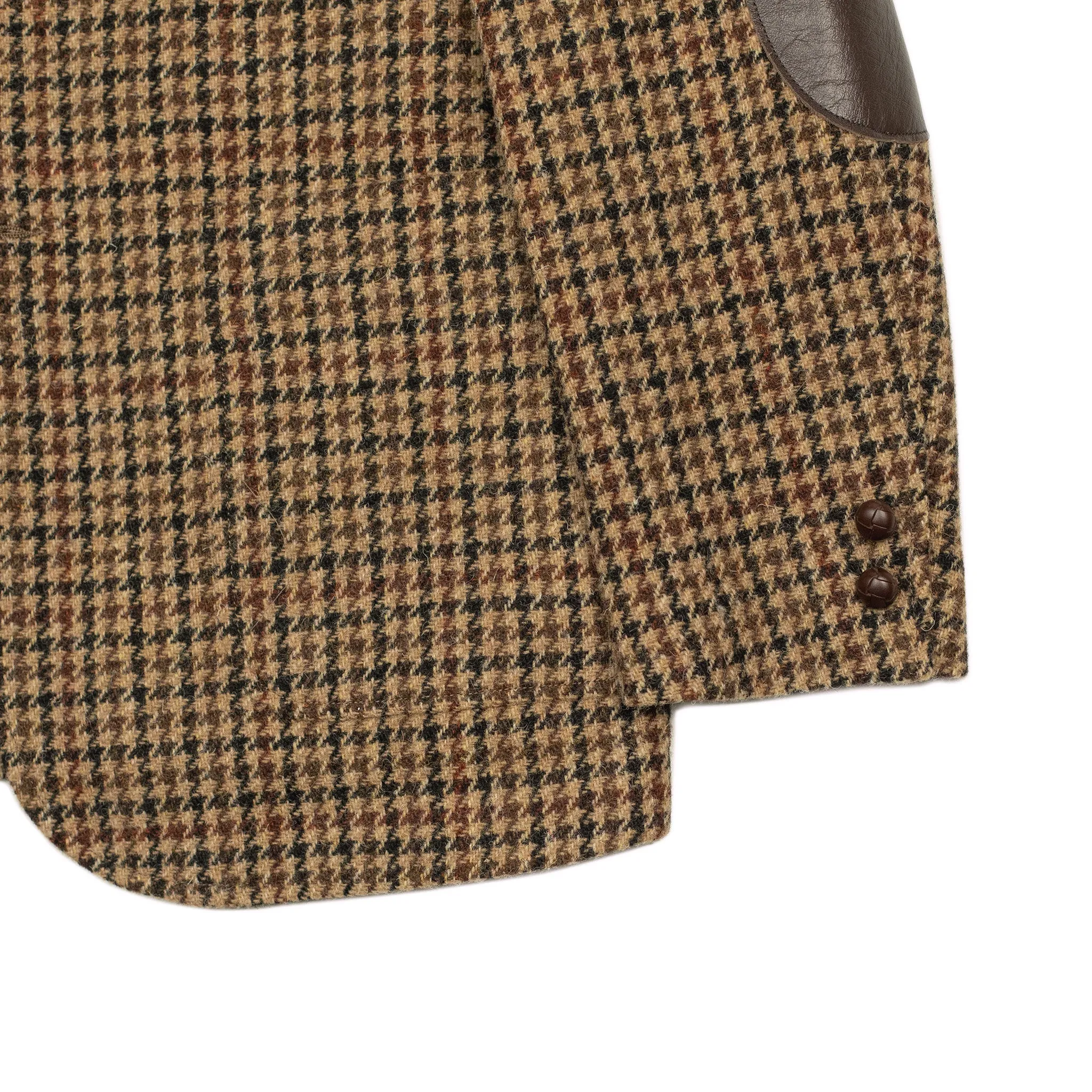 Elbow patch sport coat in brown, black, and burgundy guncheck Harris Tweed wool