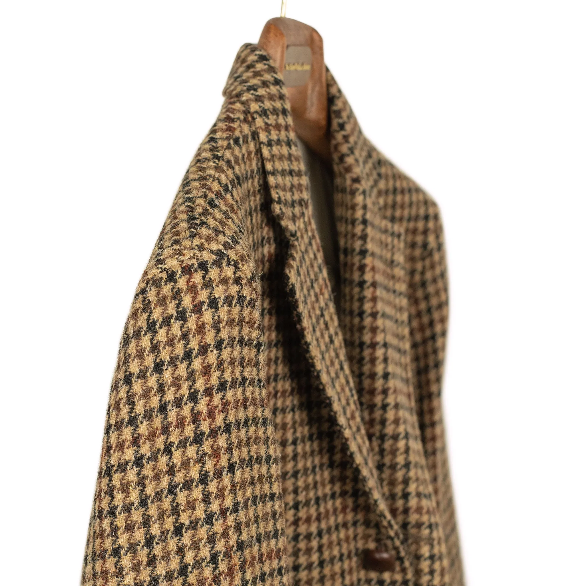 Elbow patch sport coat in brown, black, and burgundy guncheck Harris Tweed wool