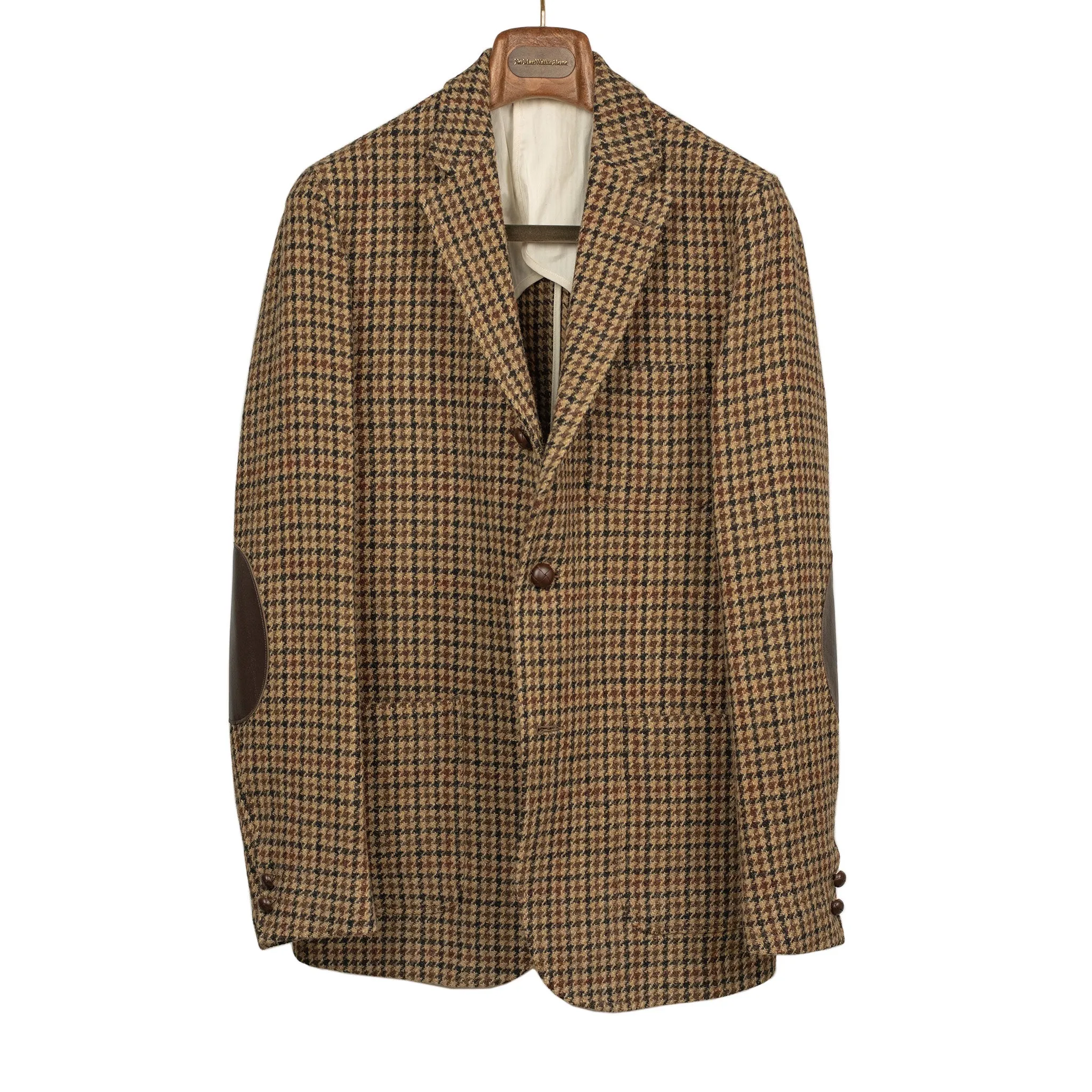 Elbow patch sport coat in brown, black, and burgundy guncheck Harris Tweed wool