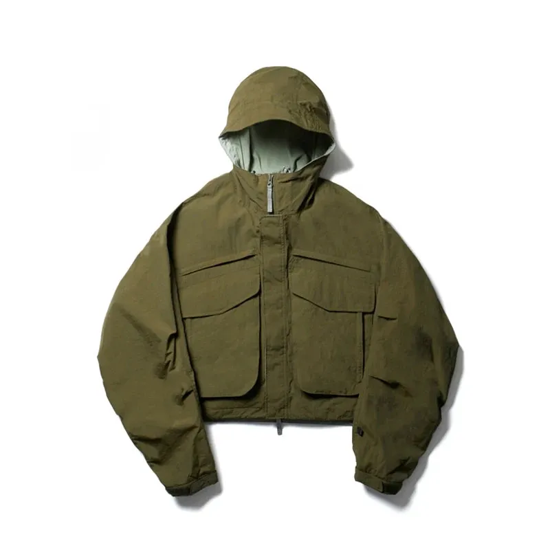 Function Multi Pocket Short Hooded Jacket with Long Sleeves