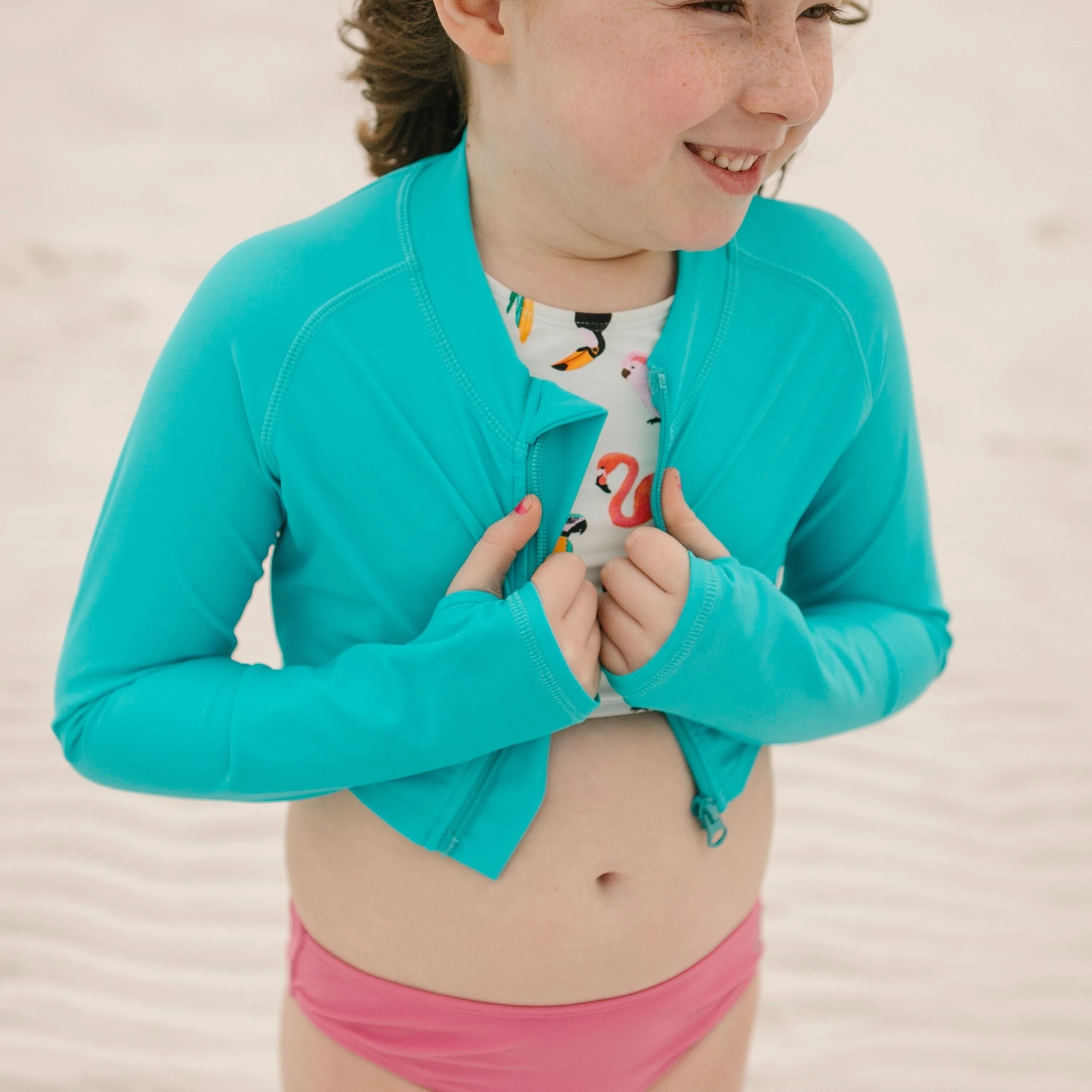 Girls Long Sleeve Crop Rash Guard | "Scuba Blue"