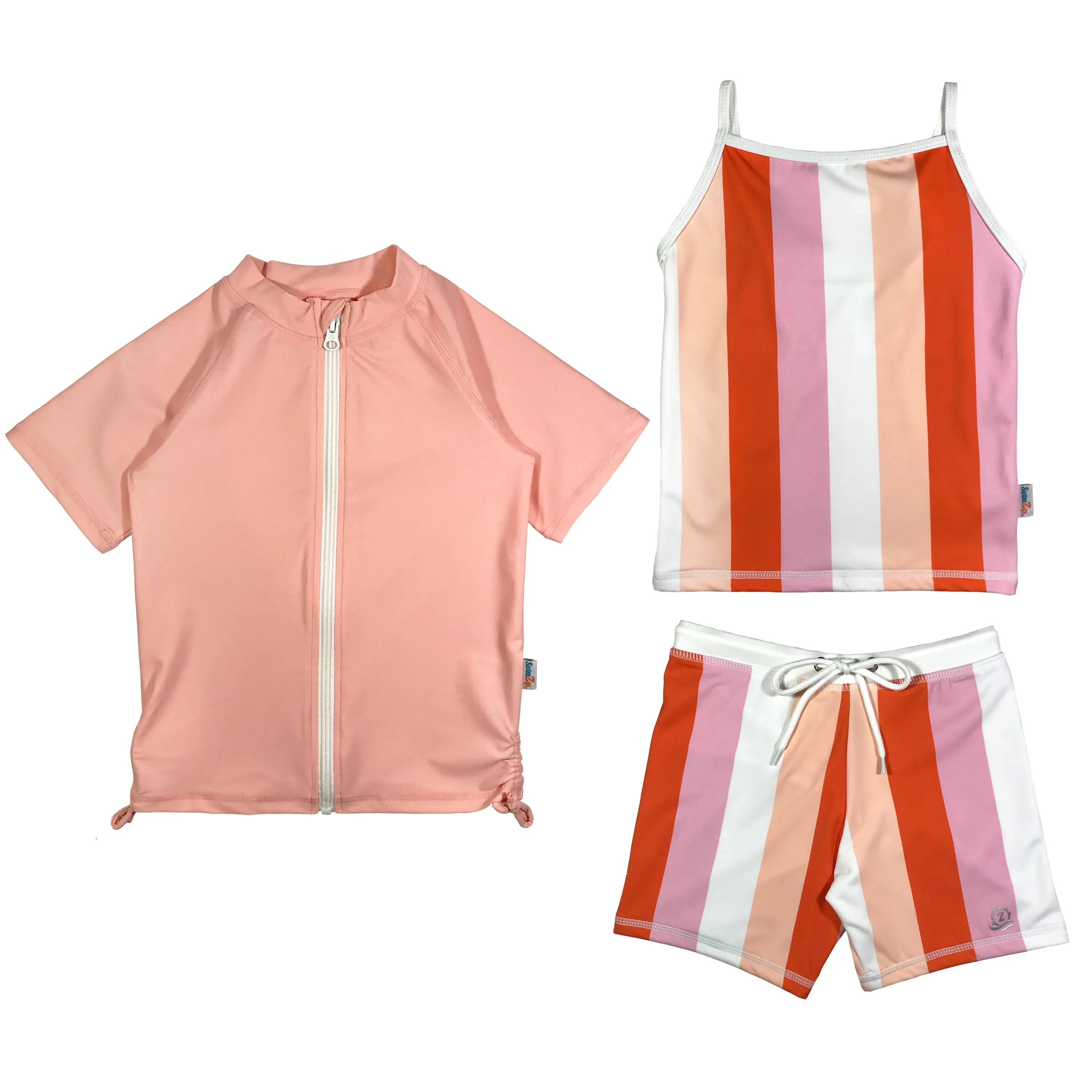 Girls Short Sleeve Rash Guard   Tankini Shorts Set (3 Piece) - "Peachy Stripes"