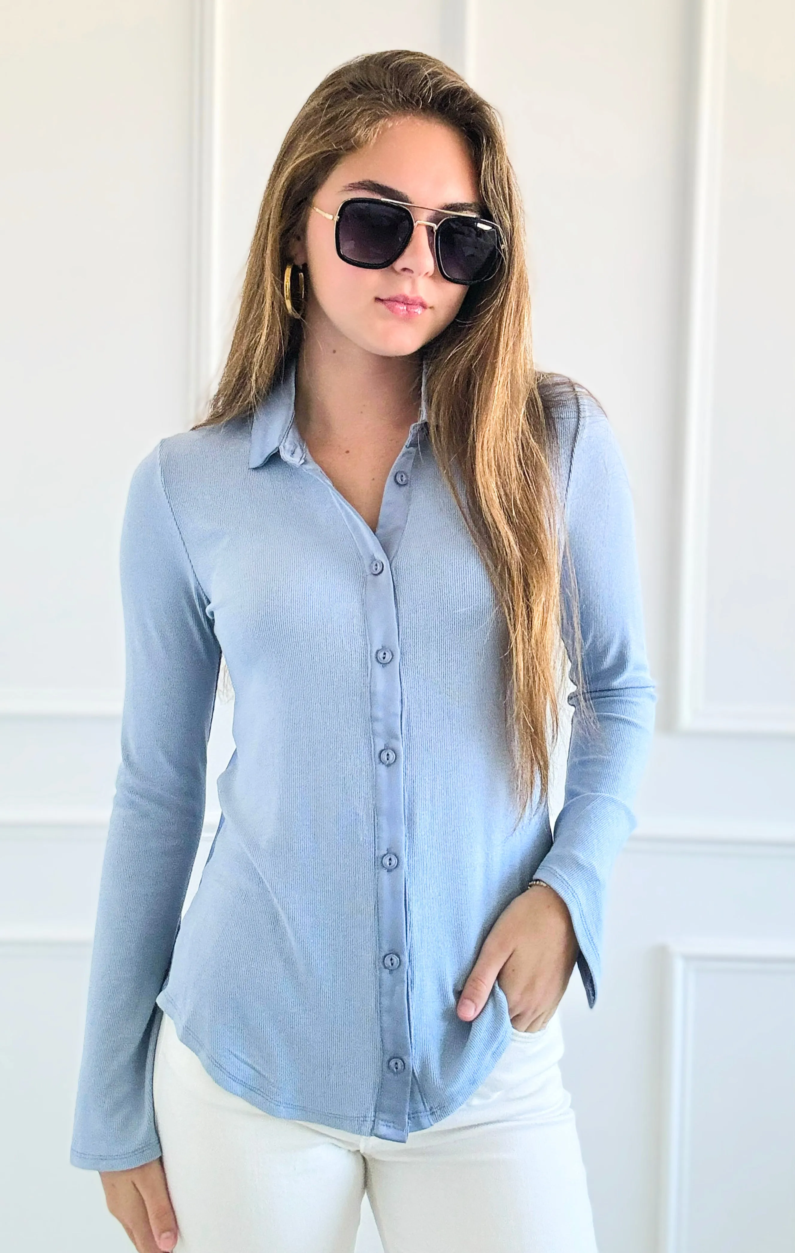 Glam Button-Up Top -  Steel Blue