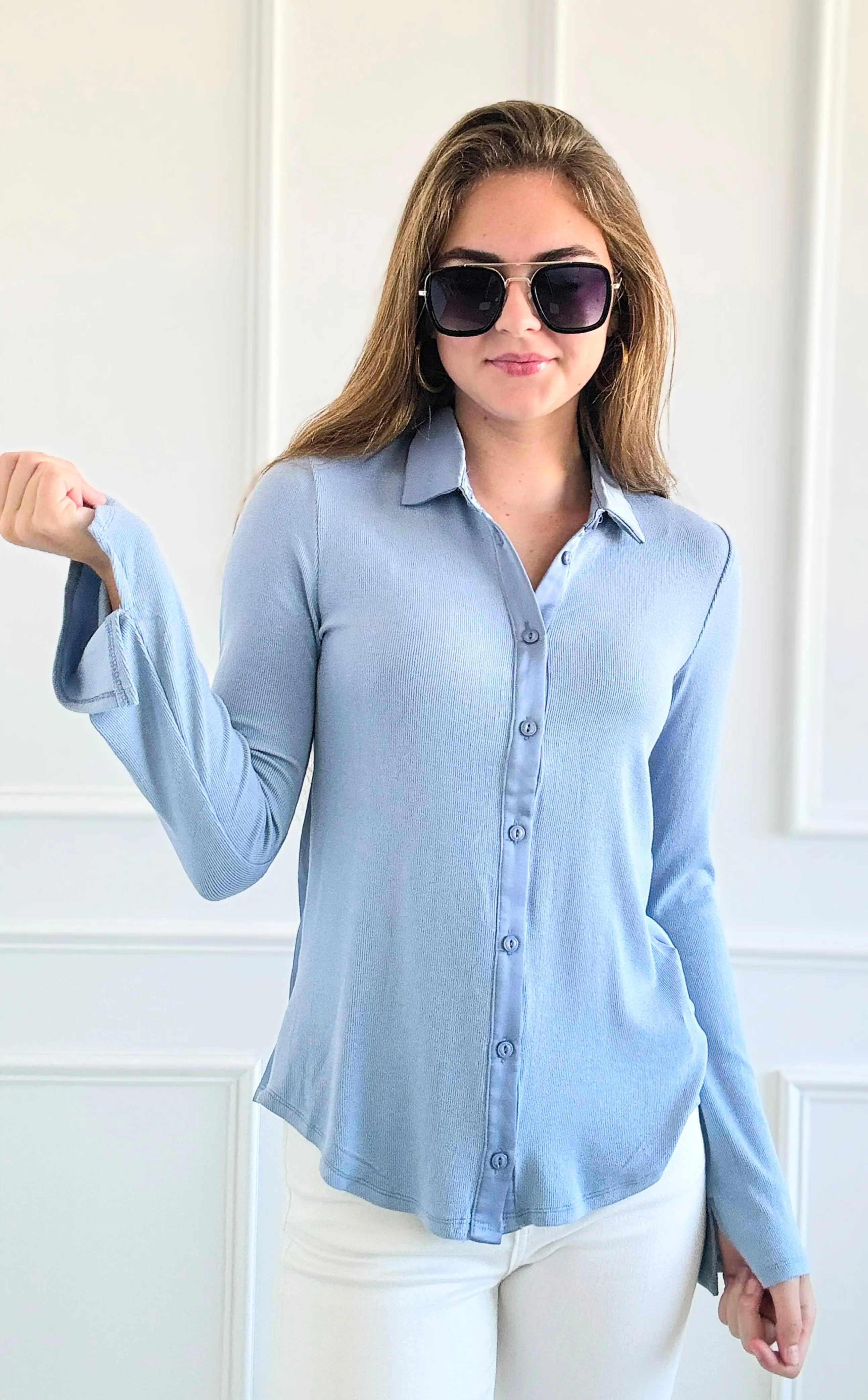 Glam Button-Up Top -  Steel Blue