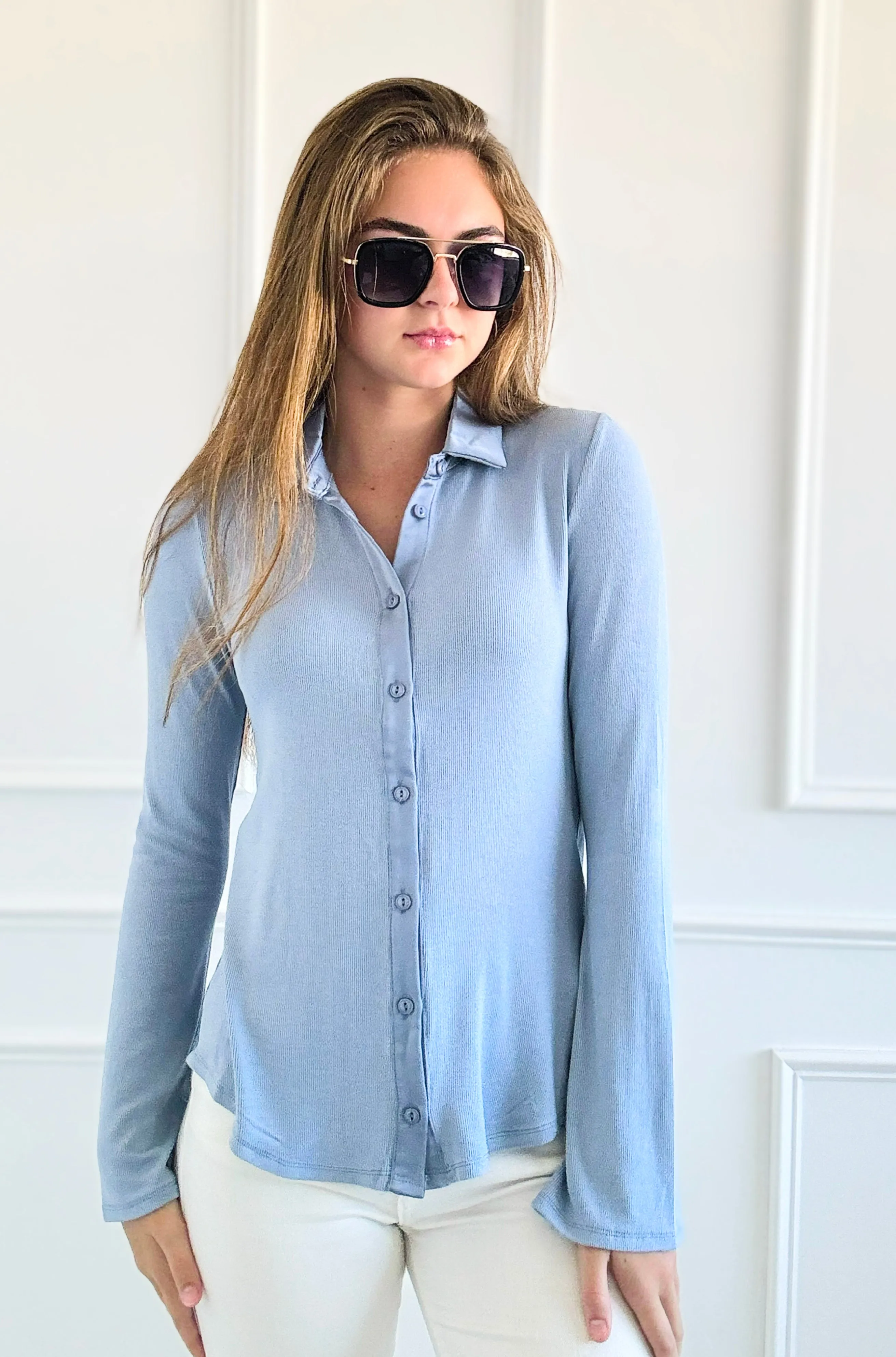 Glam Button-Up Top -  Steel Blue