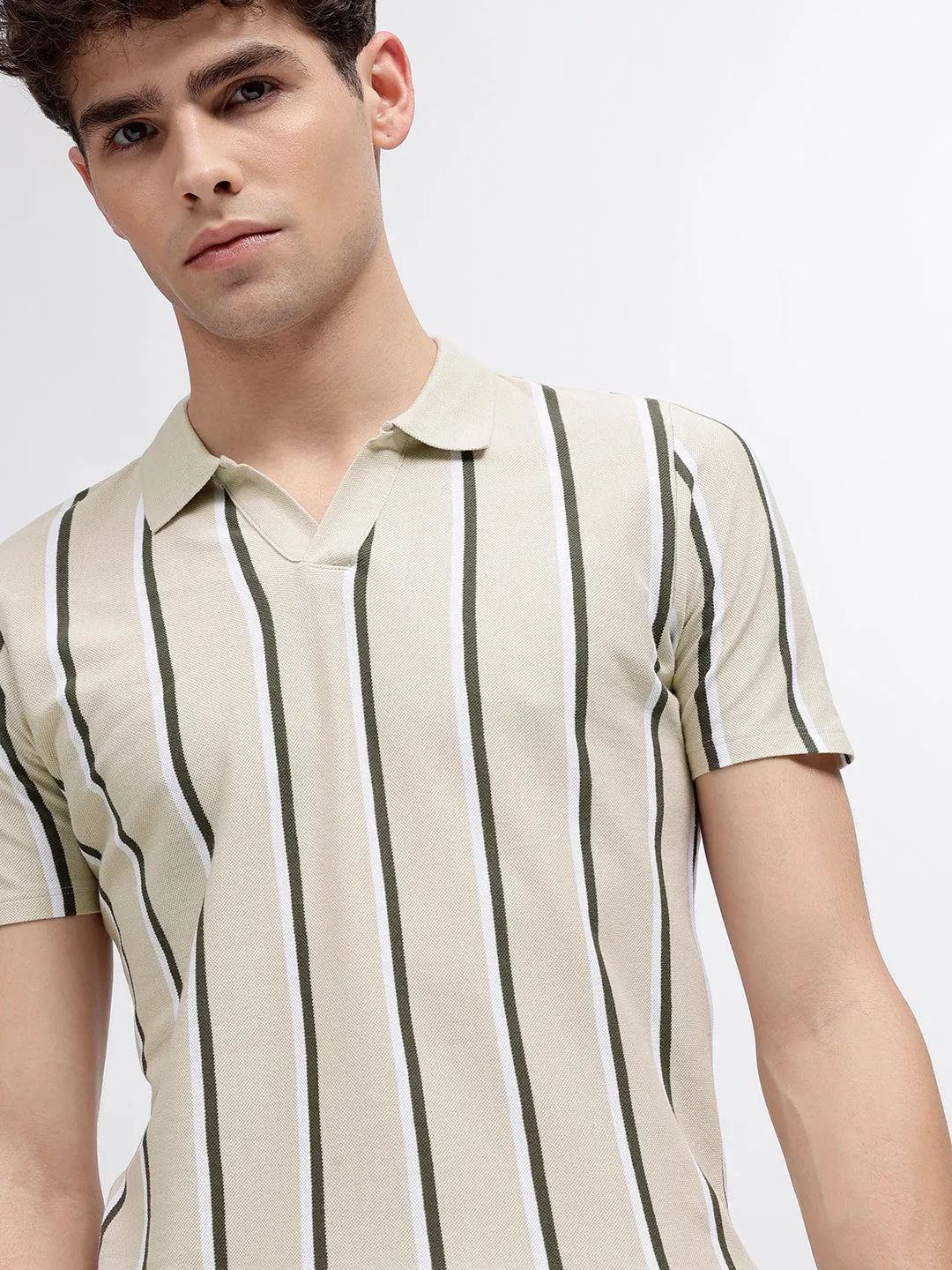 Lindbergh Men Beige Striped Polo Collar Short Sleeves T-Shirt