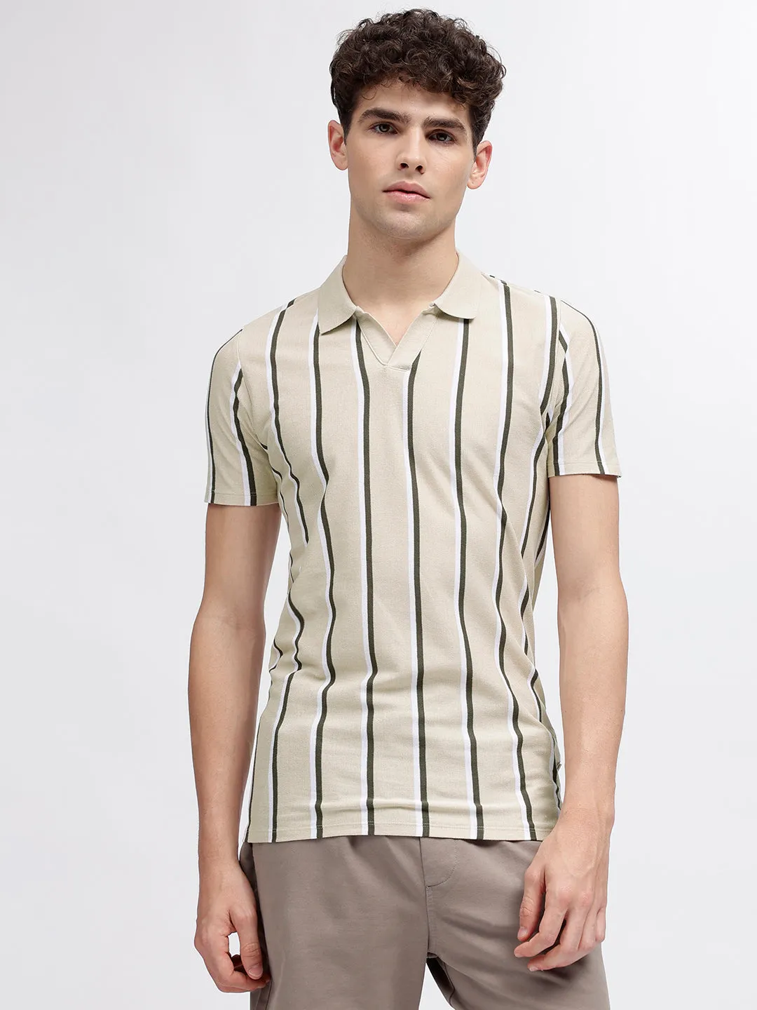 Lindbergh Men Beige Striped Polo Collar Short Sleeves T-Shirt