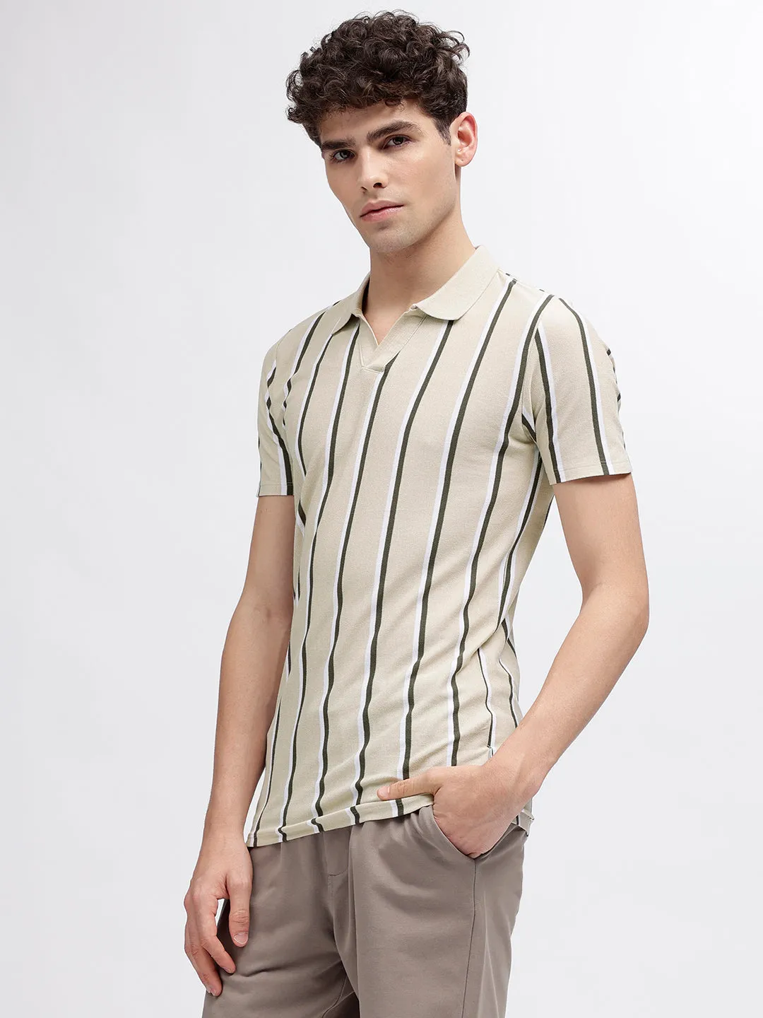 Lindbergh Men Beige Striped Polo Collar Short Sleeves T-Shirt