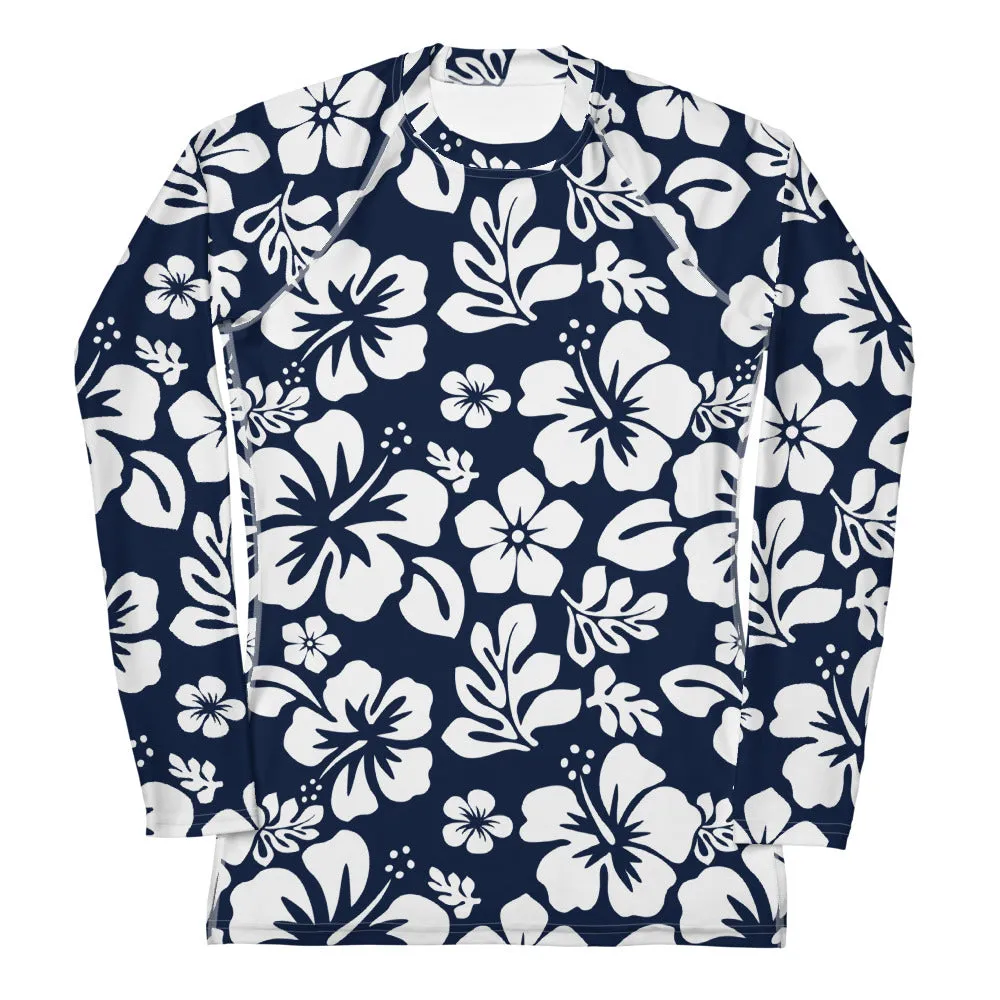 Navy Blue and White Hawaiian Flowers Women's Rash Guard