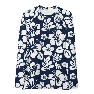 Navy Blue and White Hawaiian Flowers Women's Rash Guard