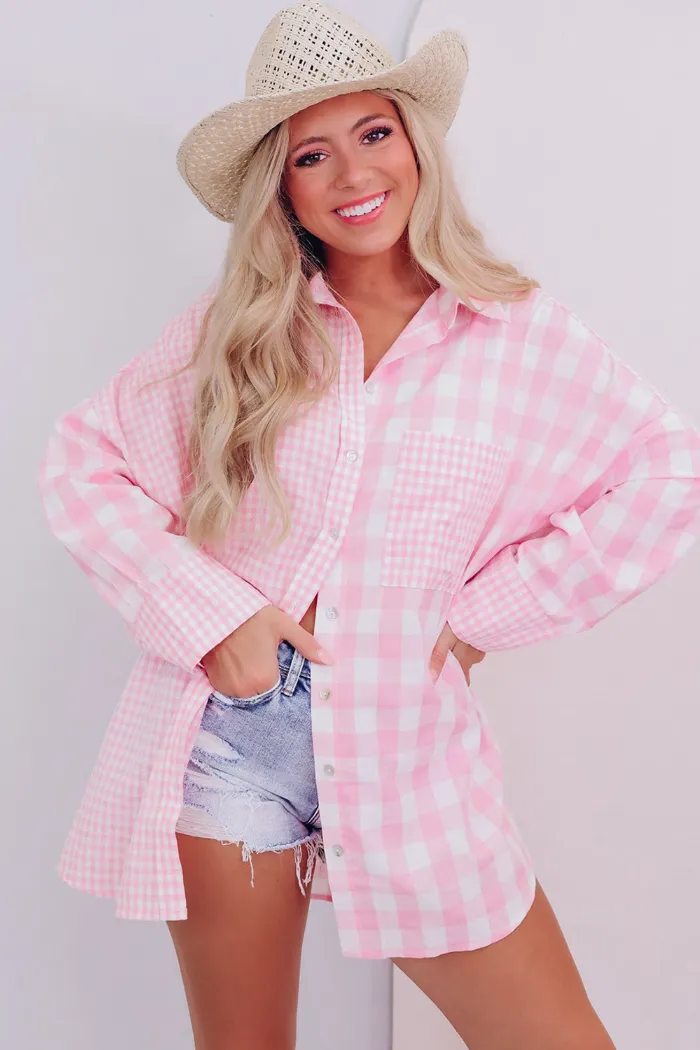 Pink Mix Checked Patchwork Long Sleeve Shirt