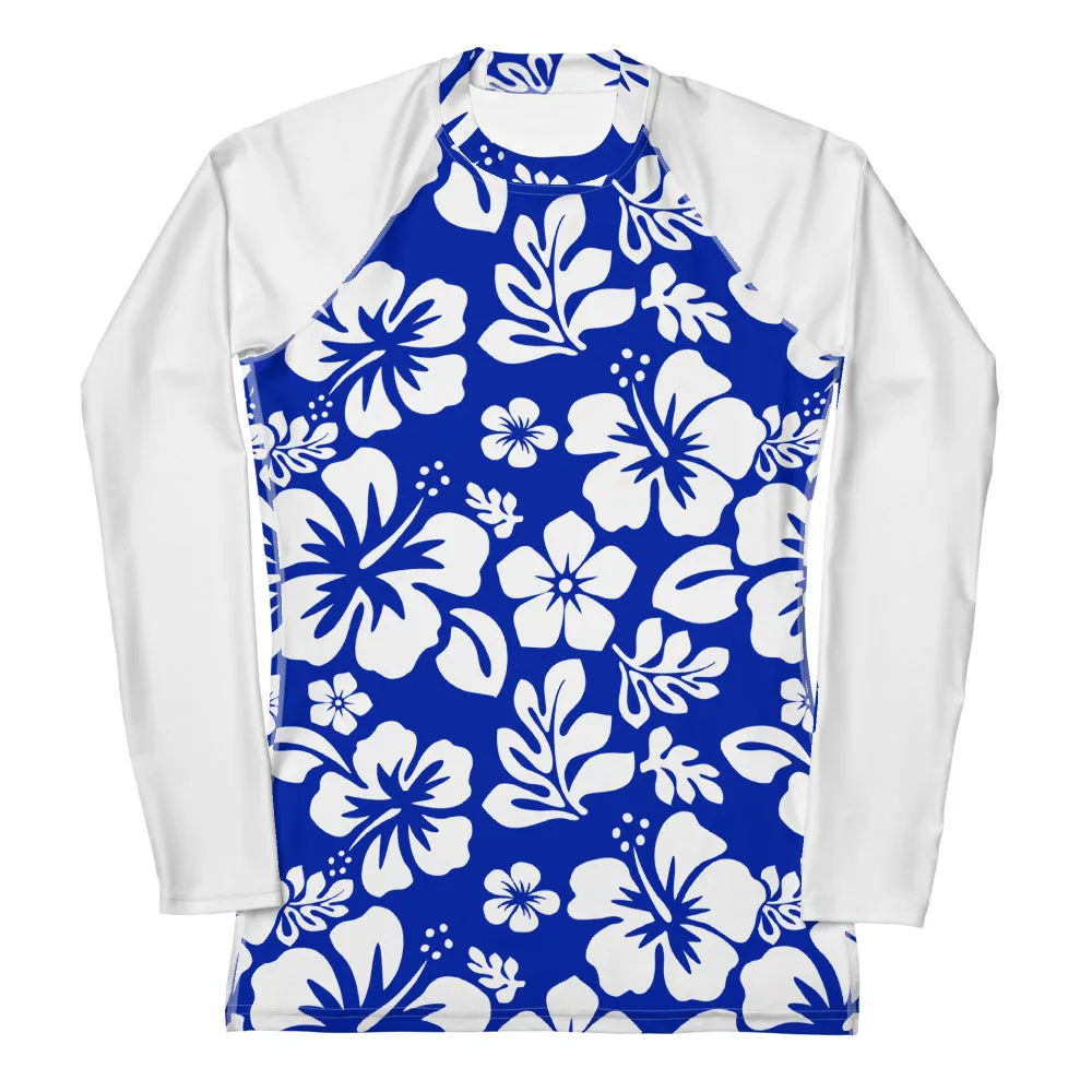 Royal Blue and White Hawaiian Flowers Women's Rash Guard with White Sleeves