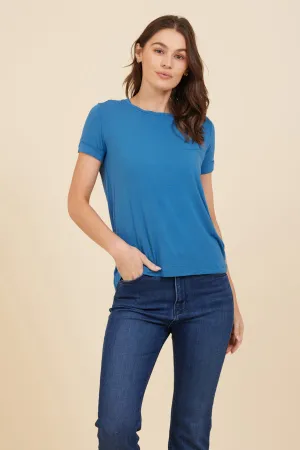 Soft Touch Short Sleeve Pleat Back Crewneck in Ocean