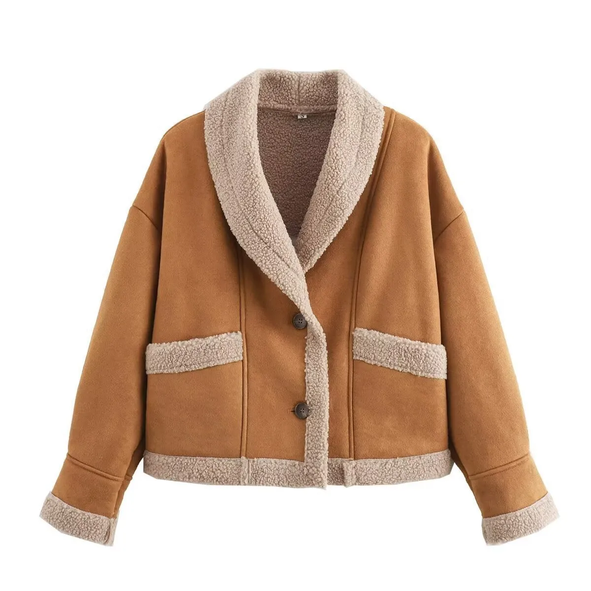 Suede Lapel Collar Coat With Pockets Winter Fashion Jacket For Women