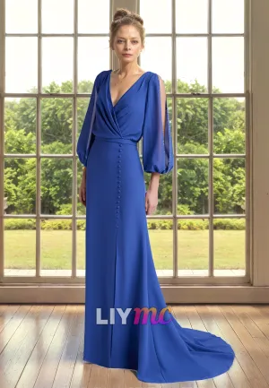 V-Neck Long Sleeves Chiffon Long Mother of Bride Dress Cocktail Dress