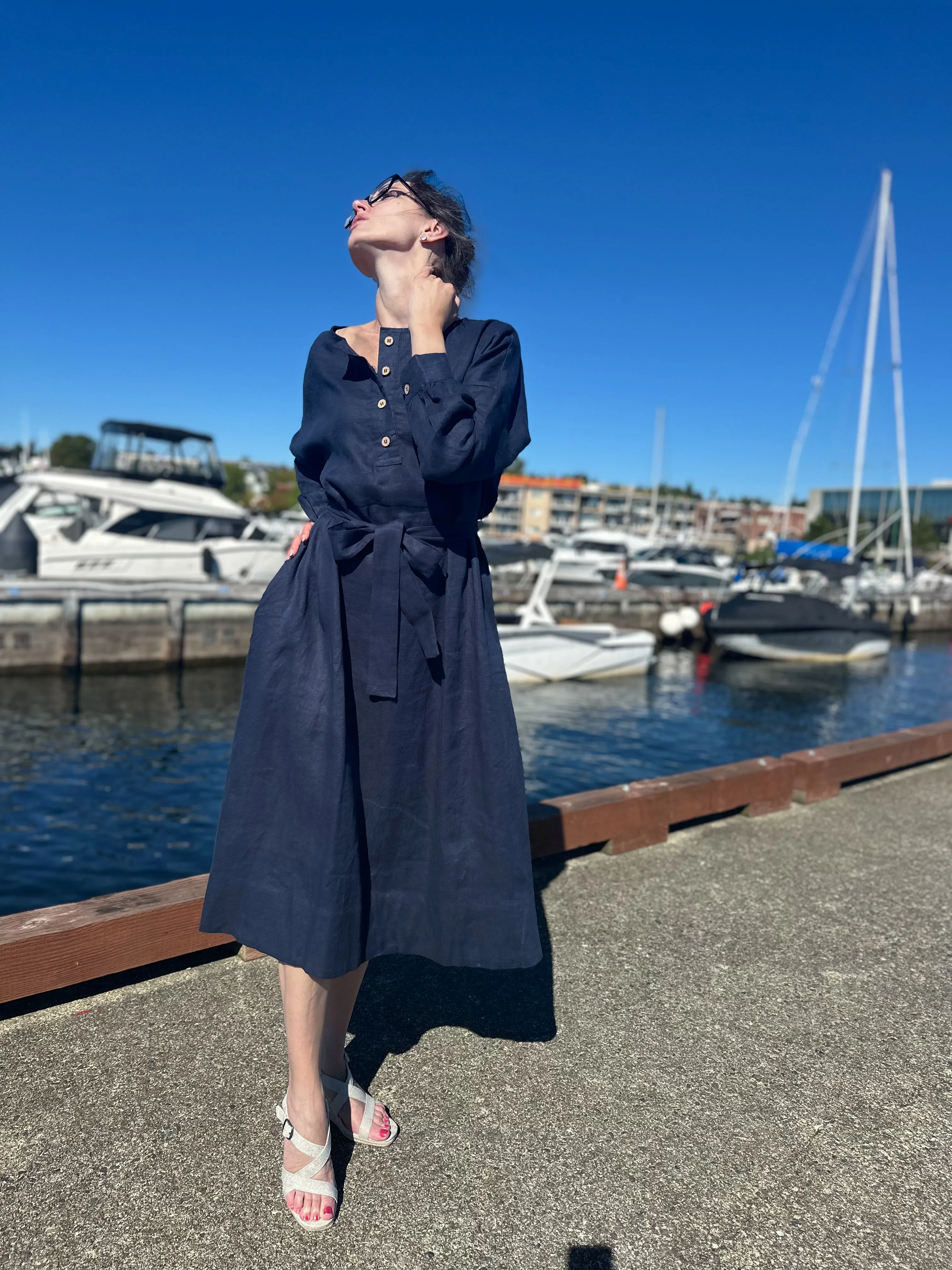 Vintage Linen Light Gray Dress with long Sleeves