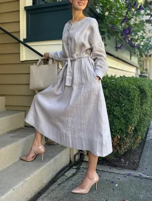 Vintage Linen Light Gray Dress with long Sleeves