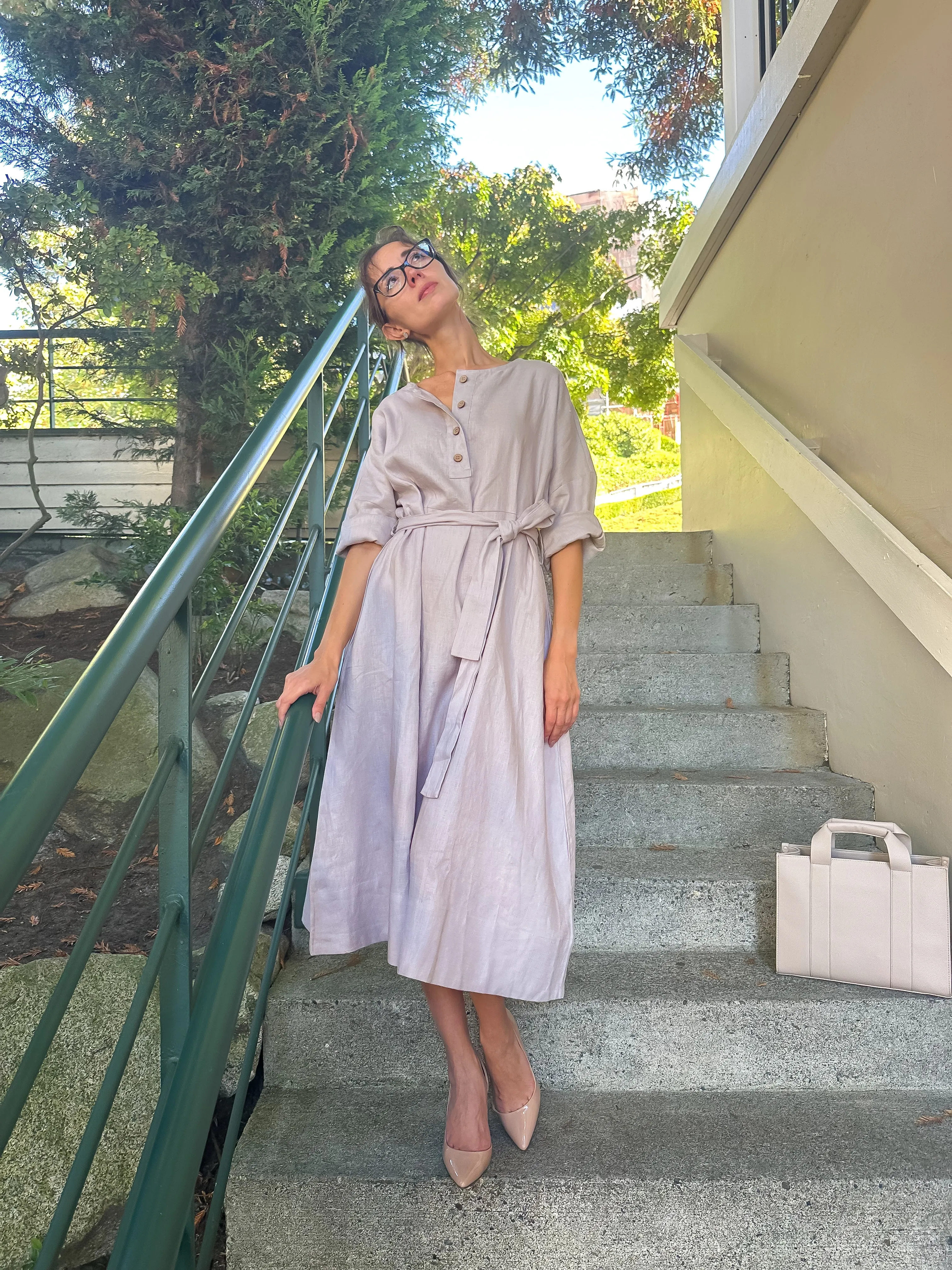 Vintage Linen Light Gray Dress with long Sleeves